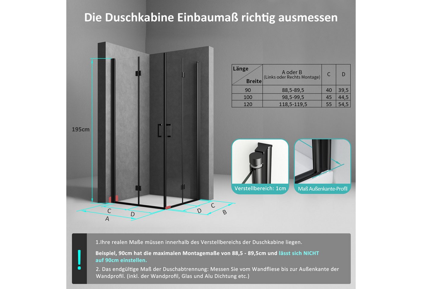 Thumbnail - Boromal Eckdusche Falttür Duschkabine Schwarz Eckeinstieg Dusche H:195cm, BxT: 120x90 cm, NANO Sicherheitsglas, 180º Fal...