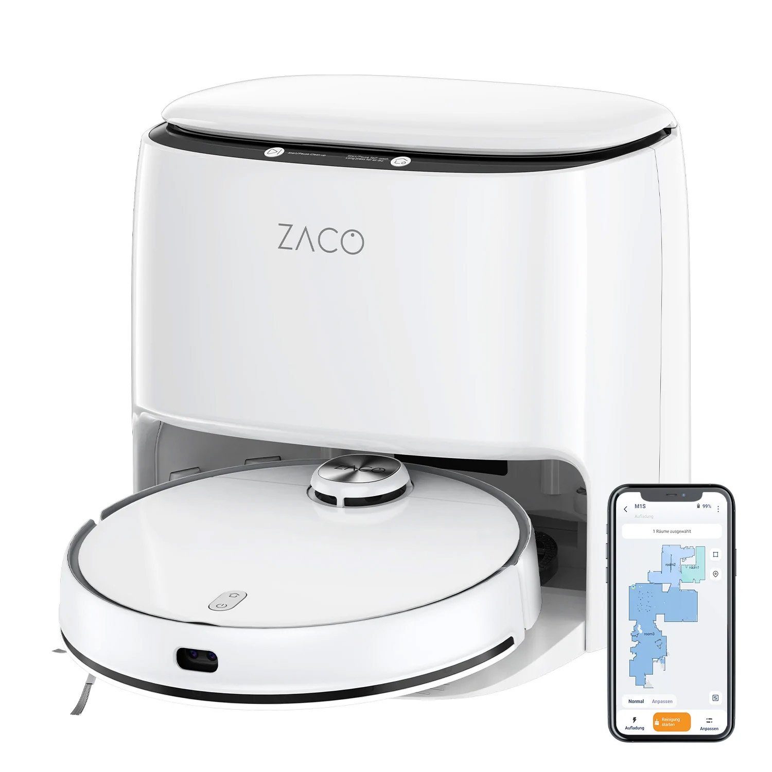 ZACO Nass-Trocken-Saugroboter M1S, 50 W, beutellos, Saugroboter mit Absaugstation Wassertank mit Wischfunktion Station App