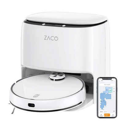 ZACO Nass-Trocken-Saugroboter M1S, 50 W, beutellos, Saugroboter mit Absaugstation Wassertank mit Wischfunktion Station App