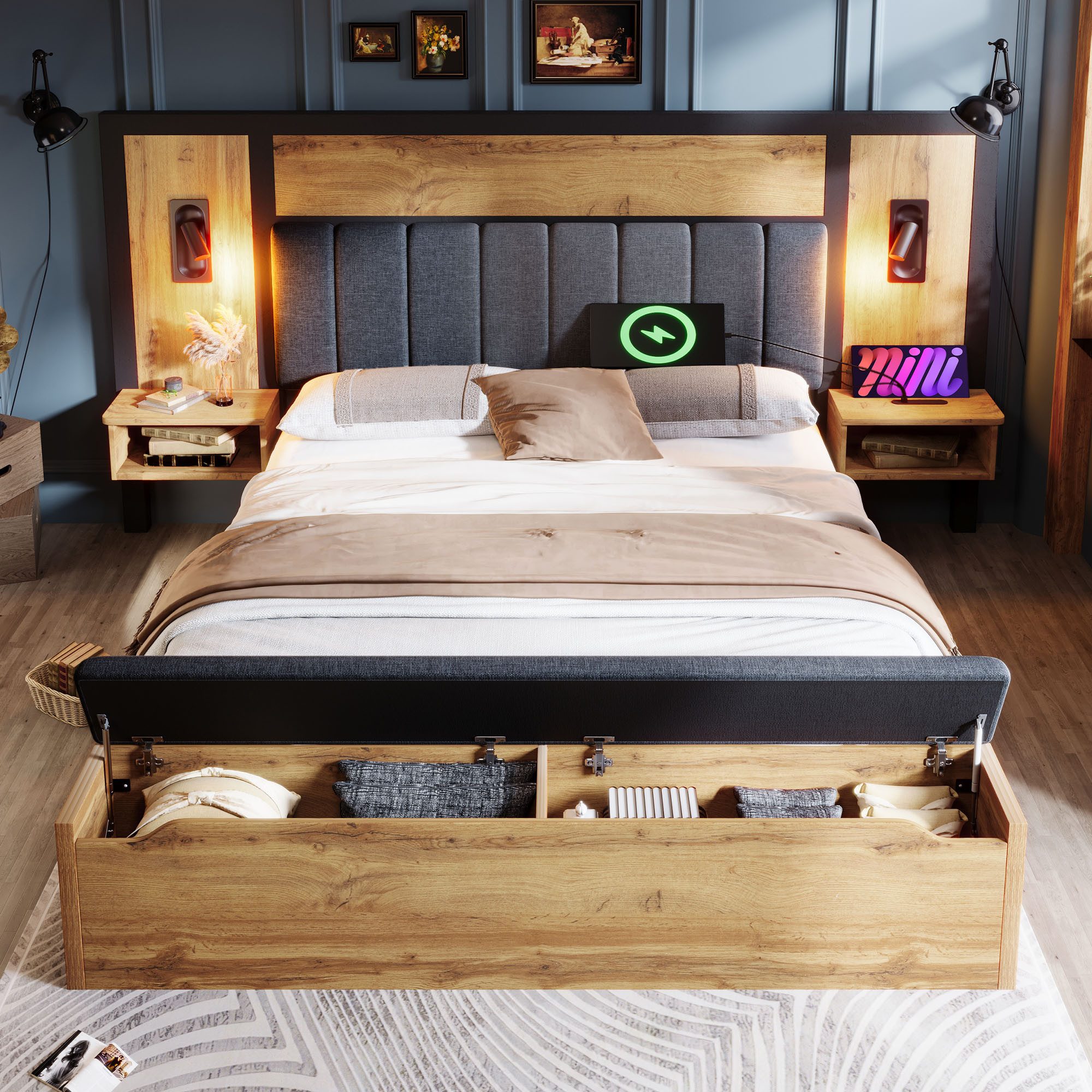 OKWISH Holzbett Bettgestell mit Lattenrost (Struraumbett, Doppelbett, Funktionsbett, 1-tlg., 180×200cm, ohne Matratze), mit Leselampe und USB/Type-C Nachttisch und Sitzbank mit Stauraum