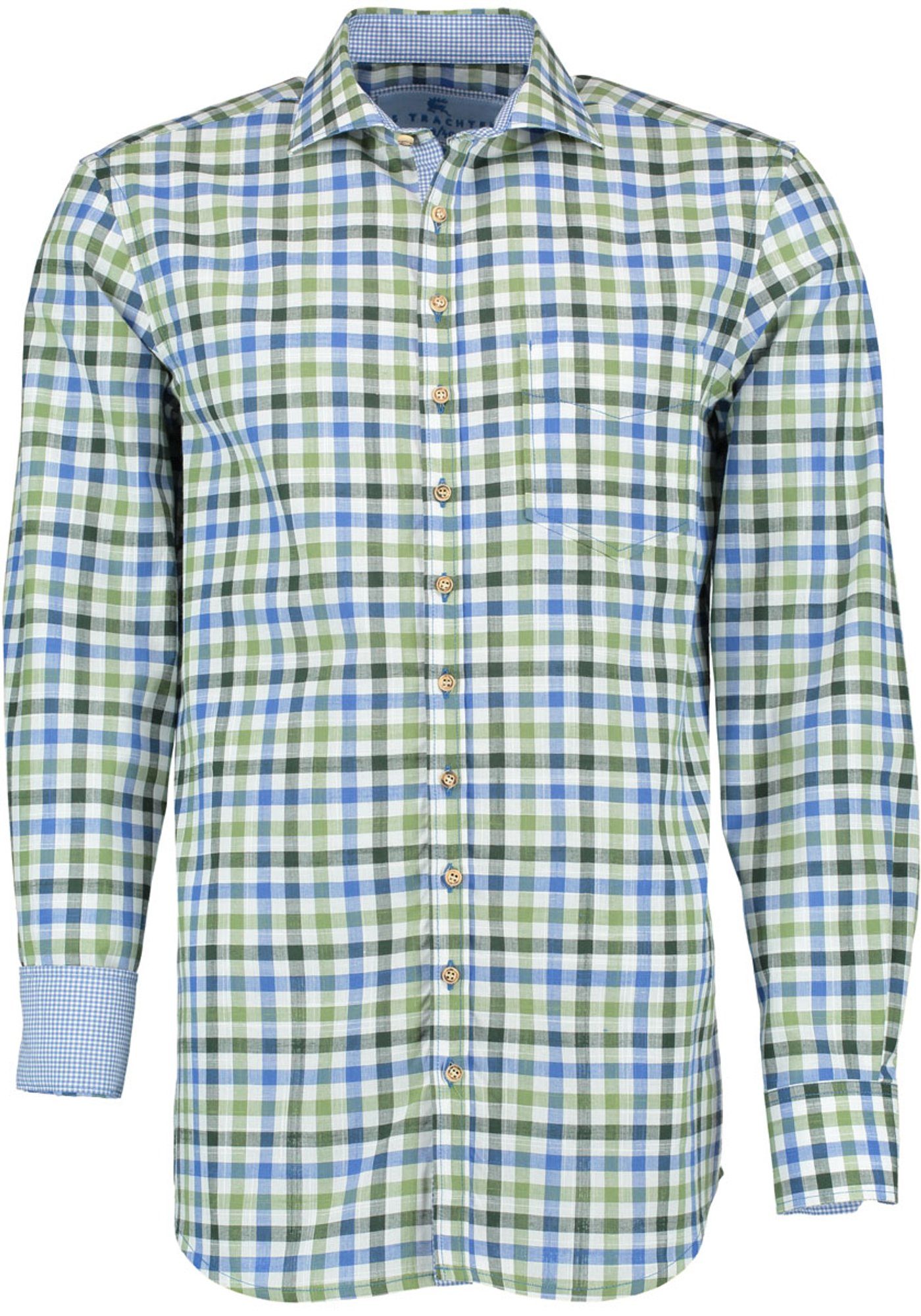 und im der in Langarmhemd Junra OS-Trachten Kragen trachtengrün mit Manschette Kontraststoff Trachtenhemd