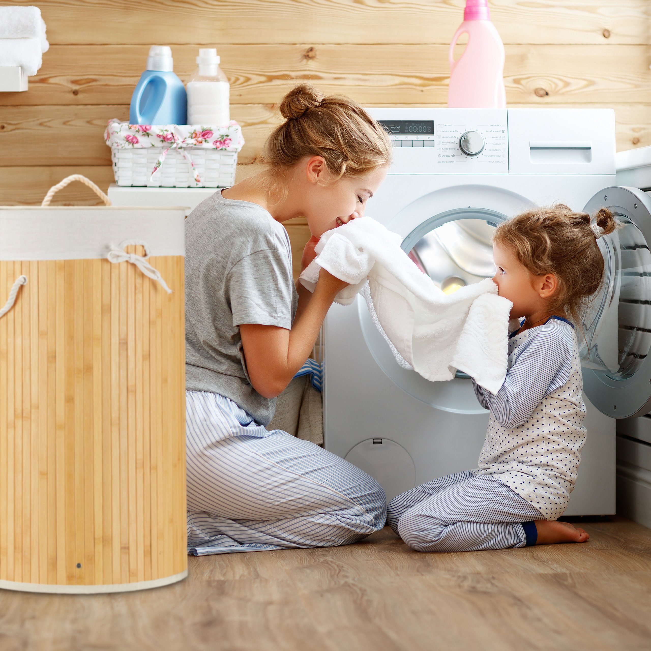 relaxdays Wäschekorb Bambus rund, Creme günstig online kaufen