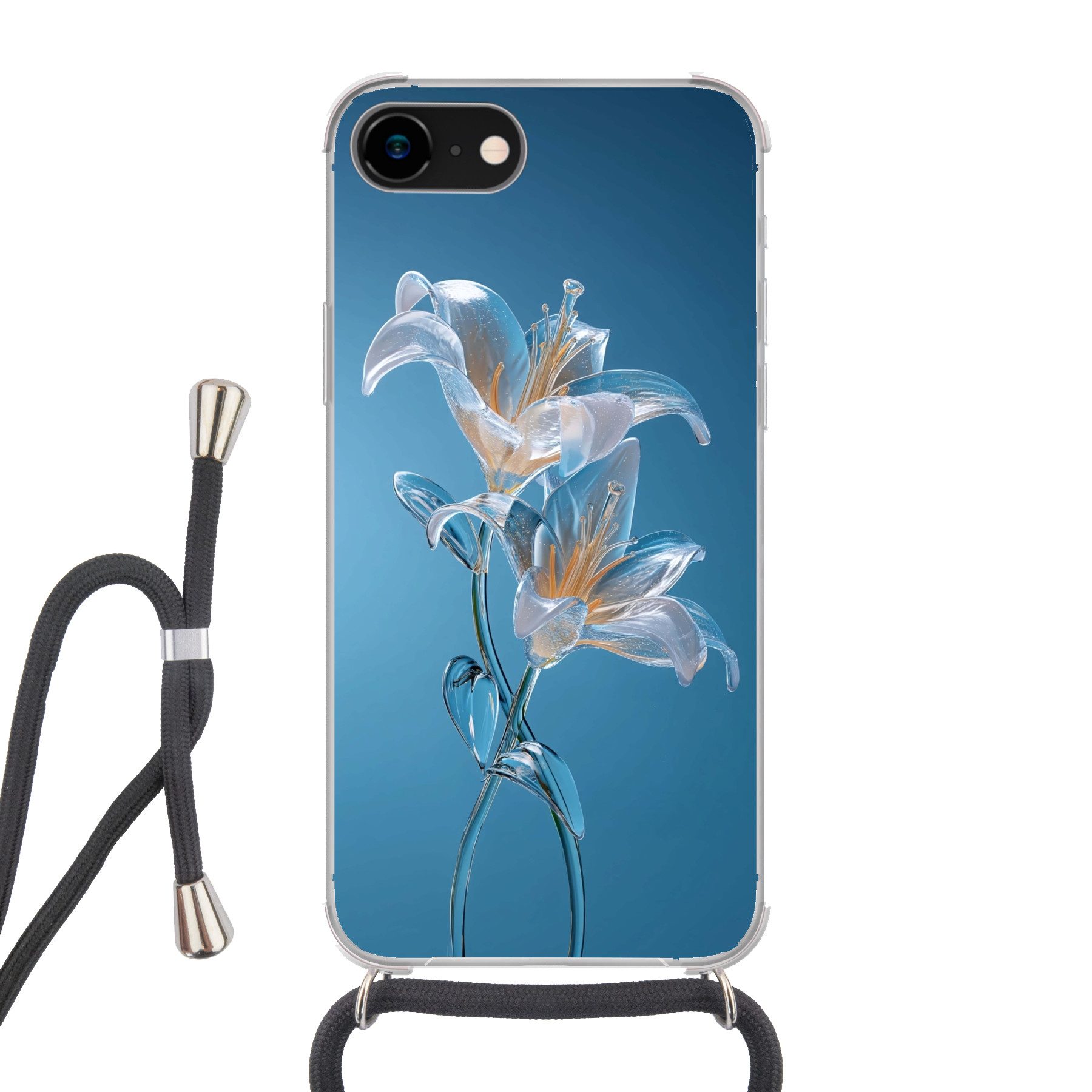 MuchoWow Handyhülle für Apple iPhone 8 Lilien - Blau - Gläser, Tragbare Handyhüllen mit Kette zum umhängen, Handykette Handyband