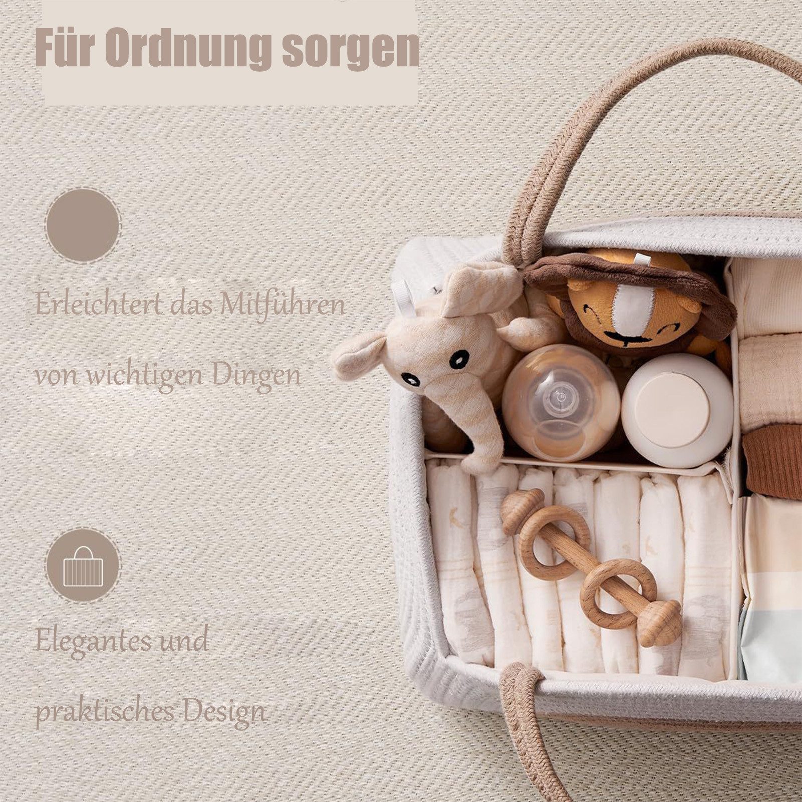 Jumpeak Windeltasche Geflochtener Aufbewahrungskorb,Baumwolle,32x20x22cm,Weiß (1er set), Korb Organizer für Windeln,Spielzeug,Büro,Schlafzimmer,handgeflochten