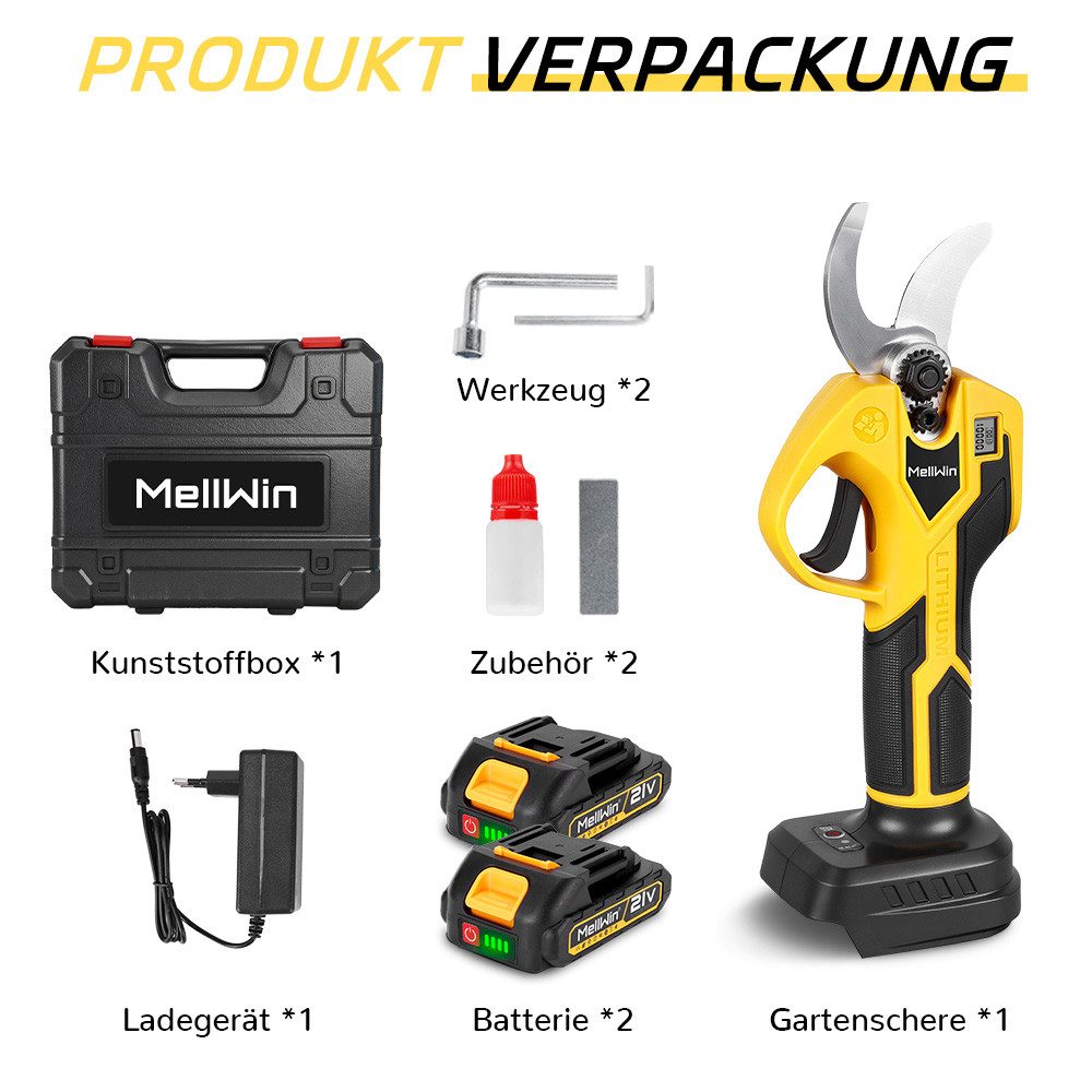 MELLWIN Akku-Astschere 21V bürstenlos bis 32 mm Schnittstärke, mit 2 x 2,0Ah Akkus, Gartenschere für Obstbäume, Sträucher & Gartenpflege