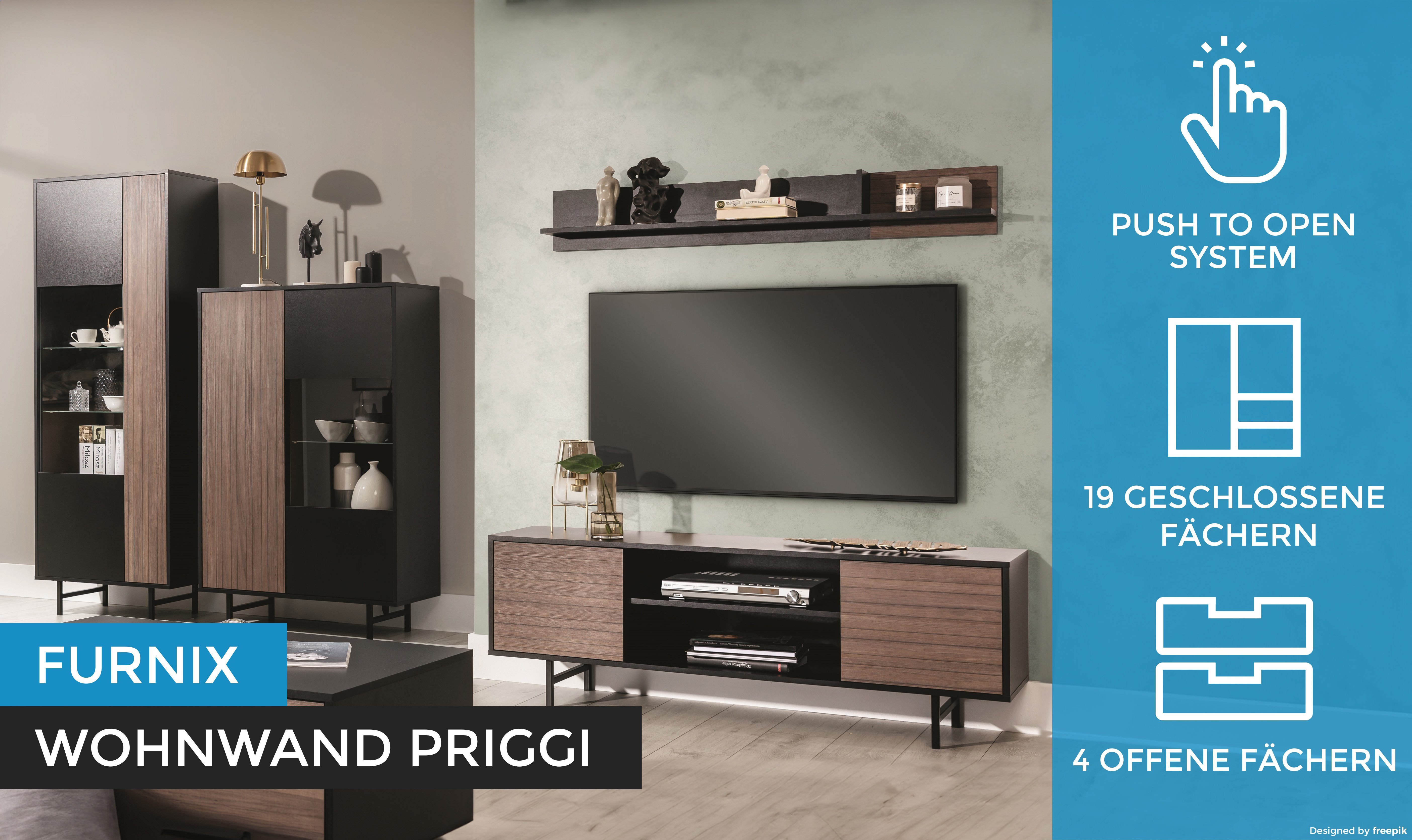 PRIGGI 4-teilige mit (TV-Schrank, Vitrine, Wandregal) Metallgestell, Möbelwand Highboard, Wohnwand Furnix