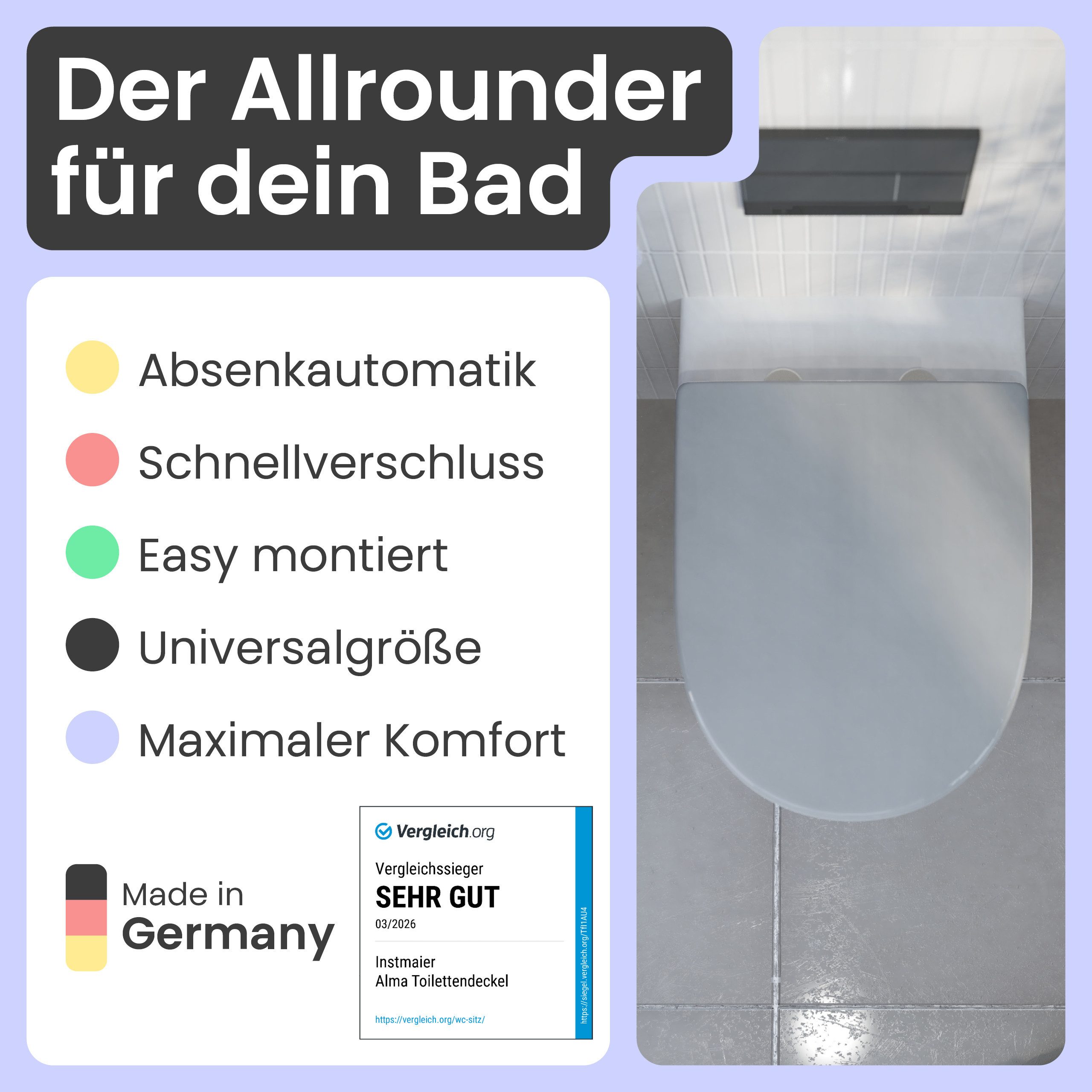 instmaier WC-Sitz Alma, Made in Germany, bakterienabweisendes Duroplast, bis 250kg, Manhattan-Grau, mit Absenkautomatik, zur Reinigung abnehmbar