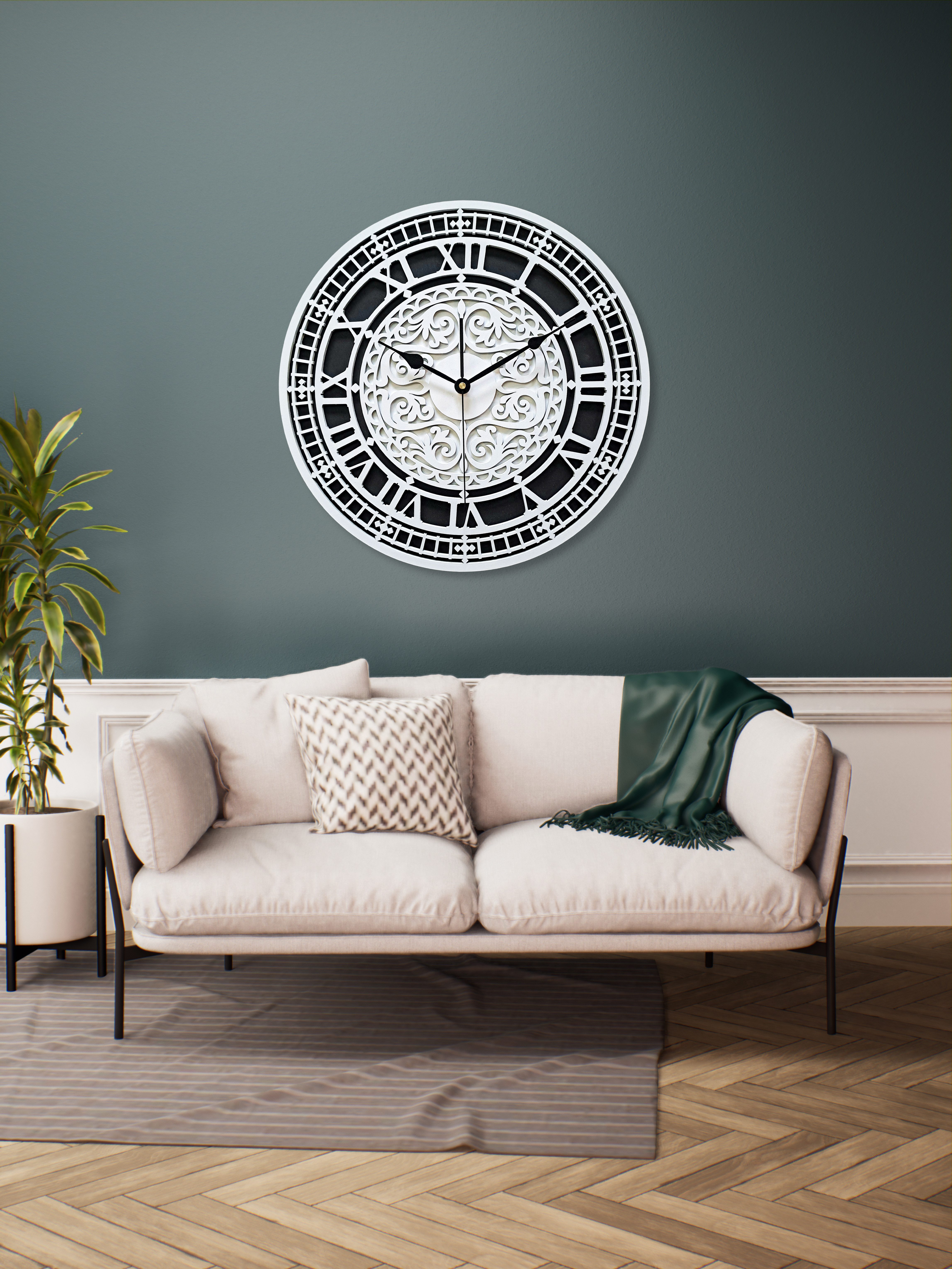 ORNAMENTI Wanduhr VINTAGE, retro, grosse, holz, hingucker Wanduhr, weiss schwarz (ohne Ticken, Wanddeko, dekorative Wanduhr, 3 Größen 40, 50, 60 cm)