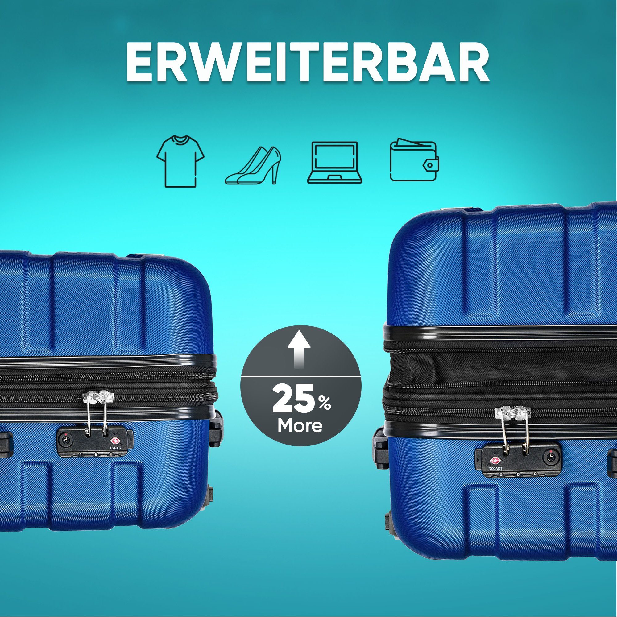 VESKA Trolleyset Hartschalenkoffer Kofferset 3 teilig mit TSA Zahlenschloss 4 Rollen, ABS-Hartschale, Reisekoffer Trolley Rollkoffer Koffer