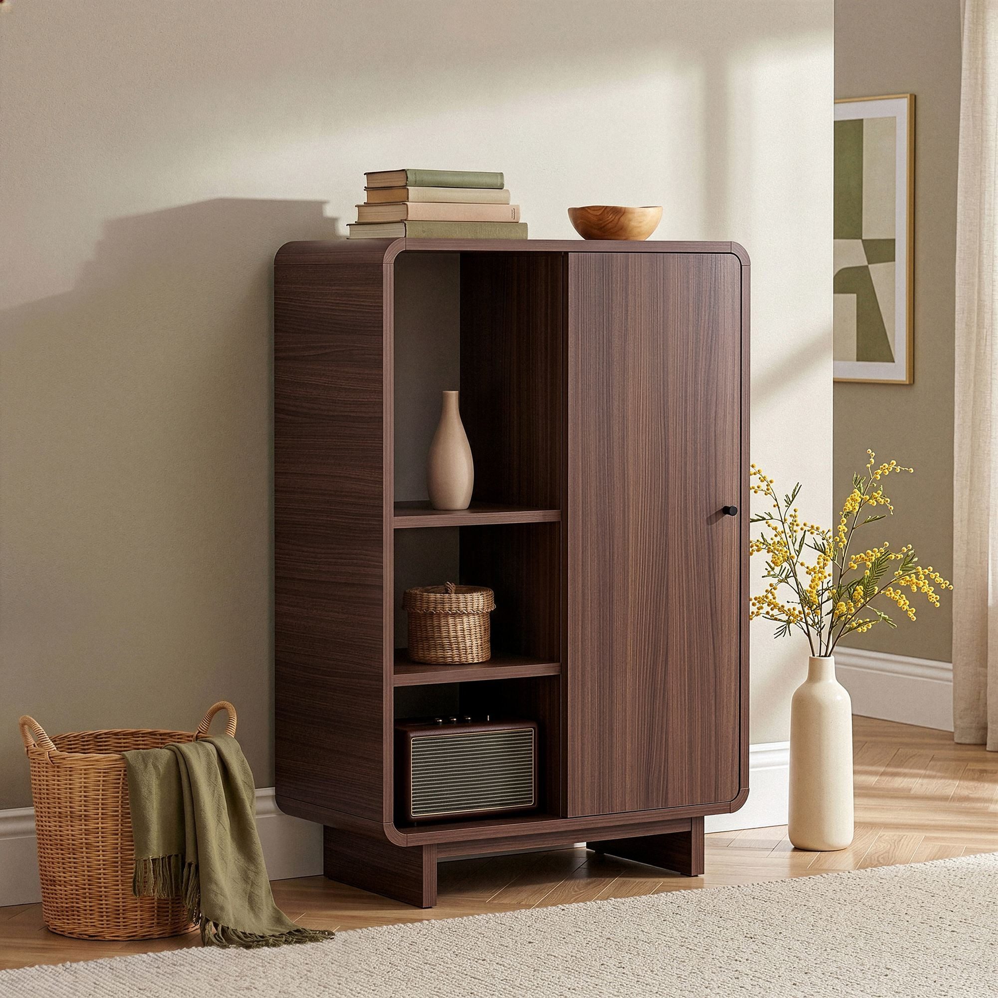 Skye Decor Mehrzweckschrank Japandi Deko (1-St) Breite 70 cm, offene Ablagefächer und geschlossener Stauraum