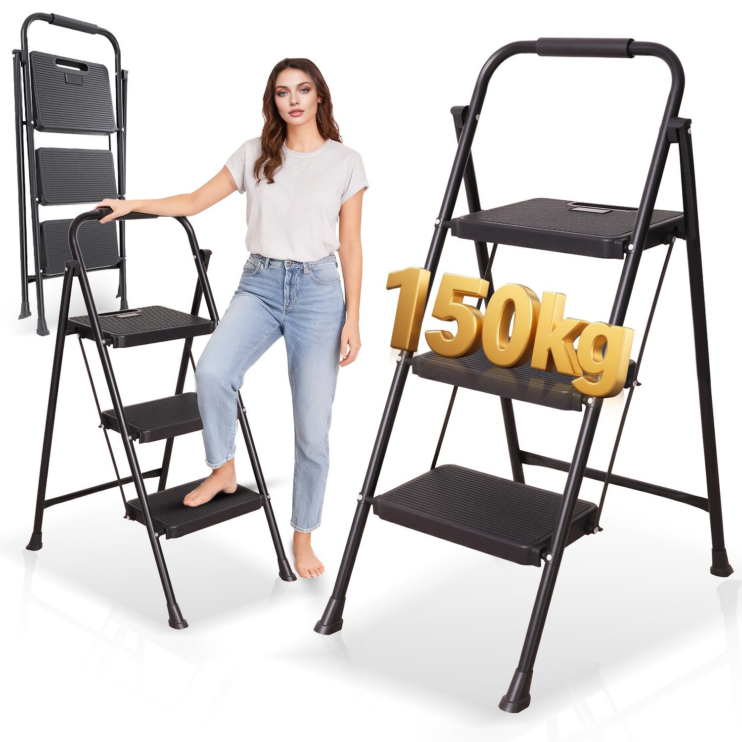 OUTIGO Trittleiter Trittleiter 3 Stufen klappbar, Leiter mit Breitem Anti-Rutsch-Pedal (Trittleiter mit Bequemer Handlauf, Tragbarer Tritthocker aus Stahl), 3 Stufen Klappbar, mit Gummihandgriff, Rutschfester, tragbare