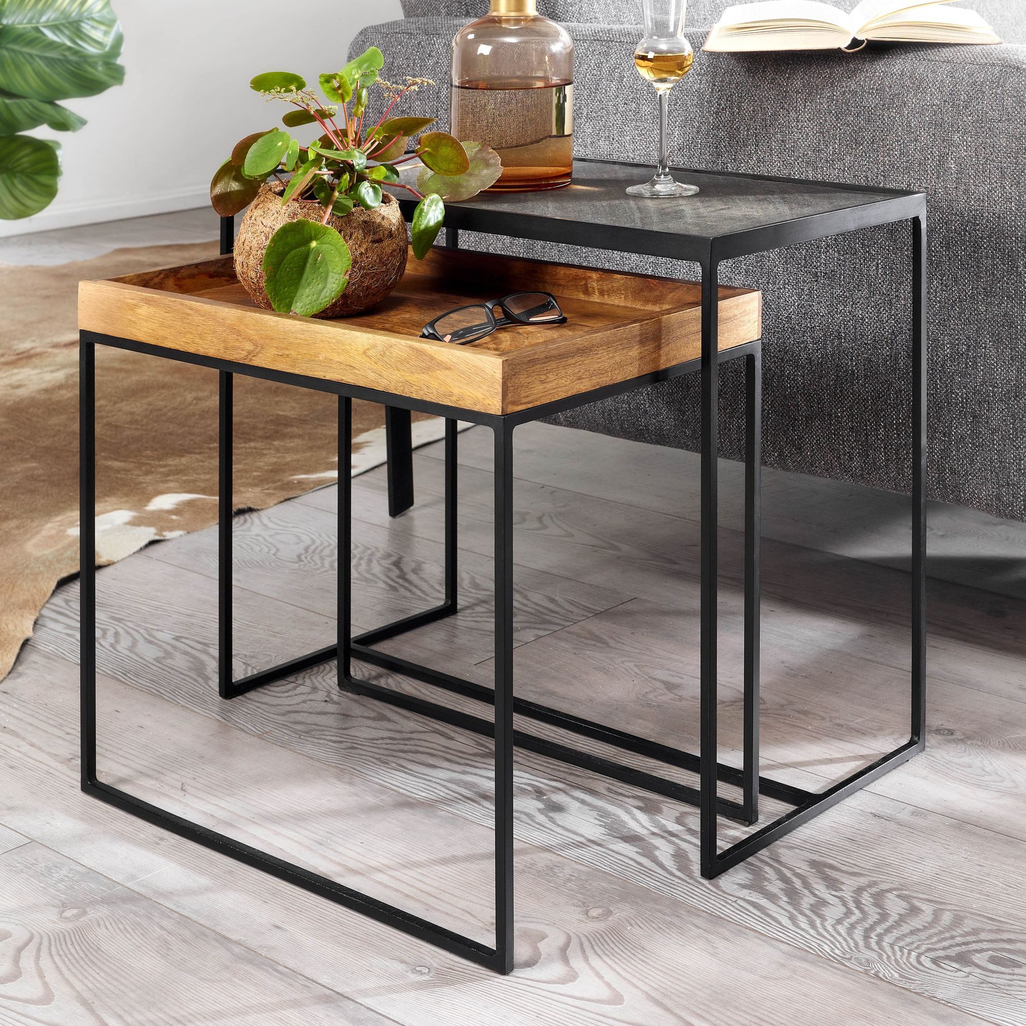 FINEBUY Satztisch FB79593 Beistelltisch Massivholz Stein 2 teilig Couchtisch Tisch Set (Wohnzimmertisch 2-teilig, Sofatisch Rechteckig), Beistelltisch 2er Set Mango Massivholz Steinoptik