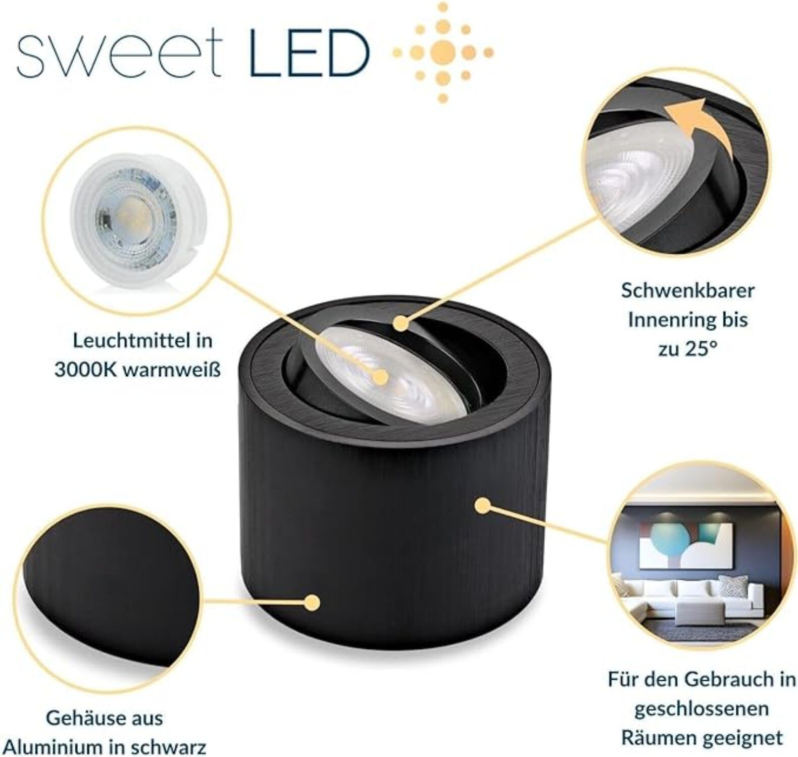 Sweet LED LED Aufbaustrahler 4er Set flache LED Aufbauspots schwarz - rund & schwenkbar, 5 W, 230V, LED wechselbar, Warmweiß, LED Deckenlampe, Deckenspot, Decke – Bild 3 von 5