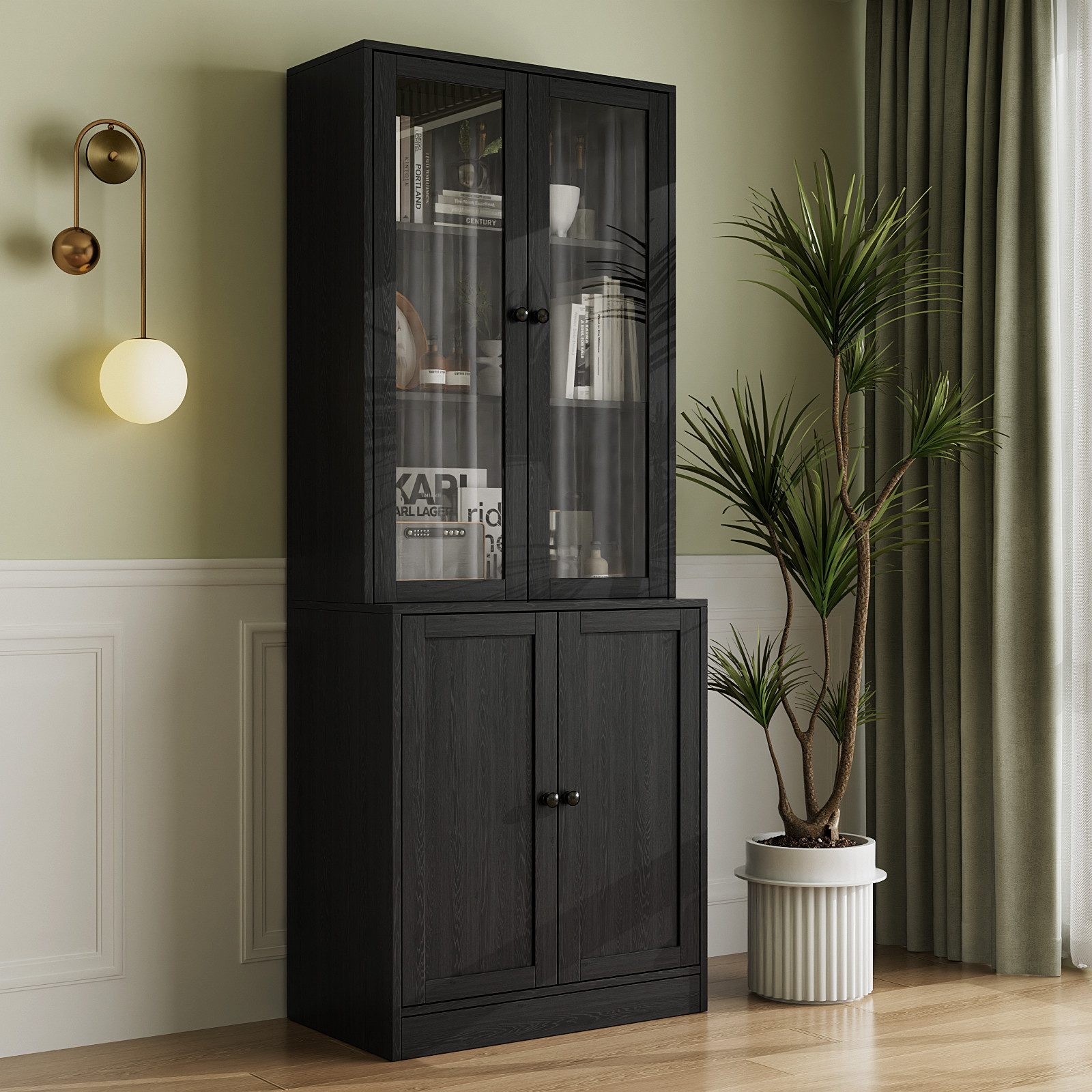 VOWNER Bücherregal 5-stöckiger Hochschrank mit Glastüren – 180 cm Vitrinenschrank, 1-tlg., Küchenhochschrank & Buffetschrank für Wohnzimmer, Esszimmer