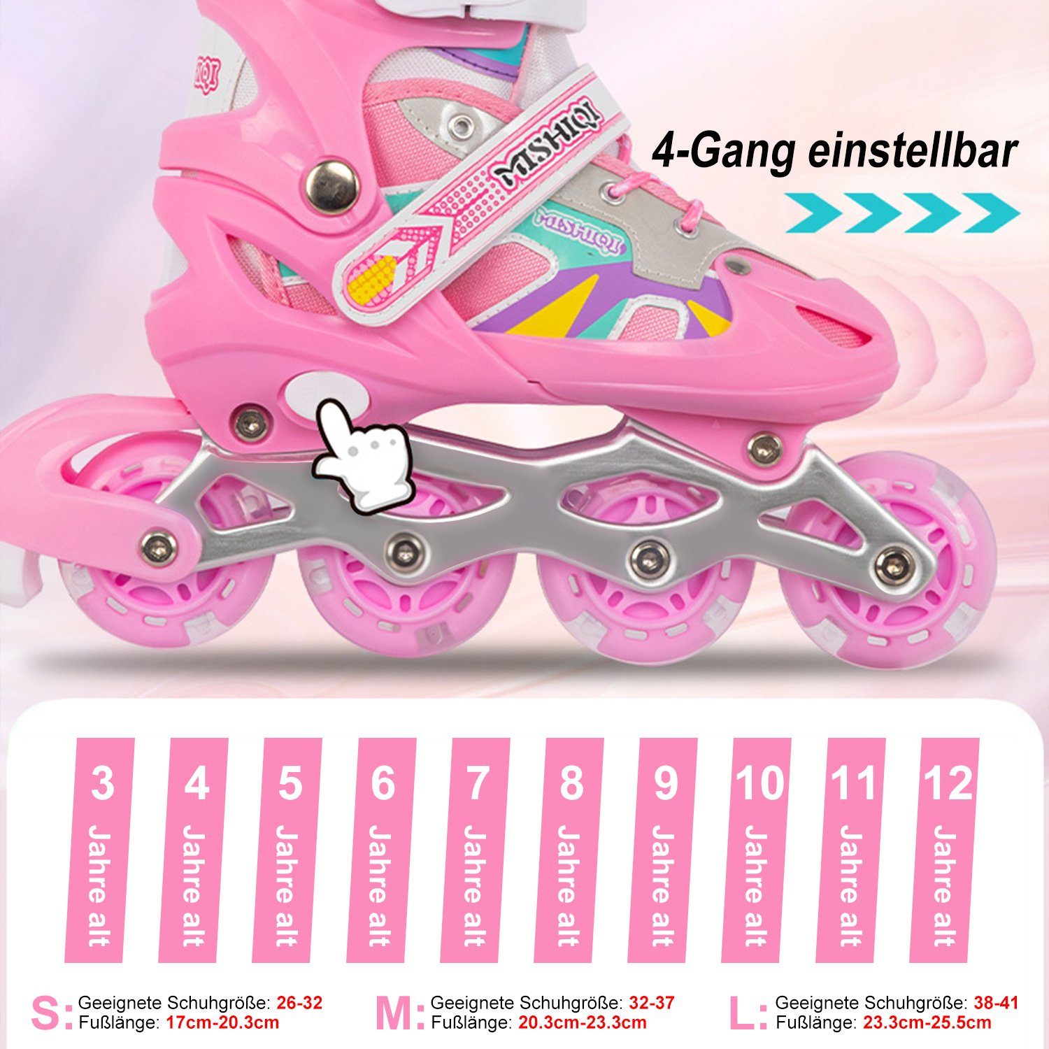 Gang 26-41 Kinder für Umschaltbare, Größe Mädchen Erwachsene 4 Inlineskates Rosa-Set Set Junge Einstellbar Doppelreihe, Kpaloft Leuchtend,