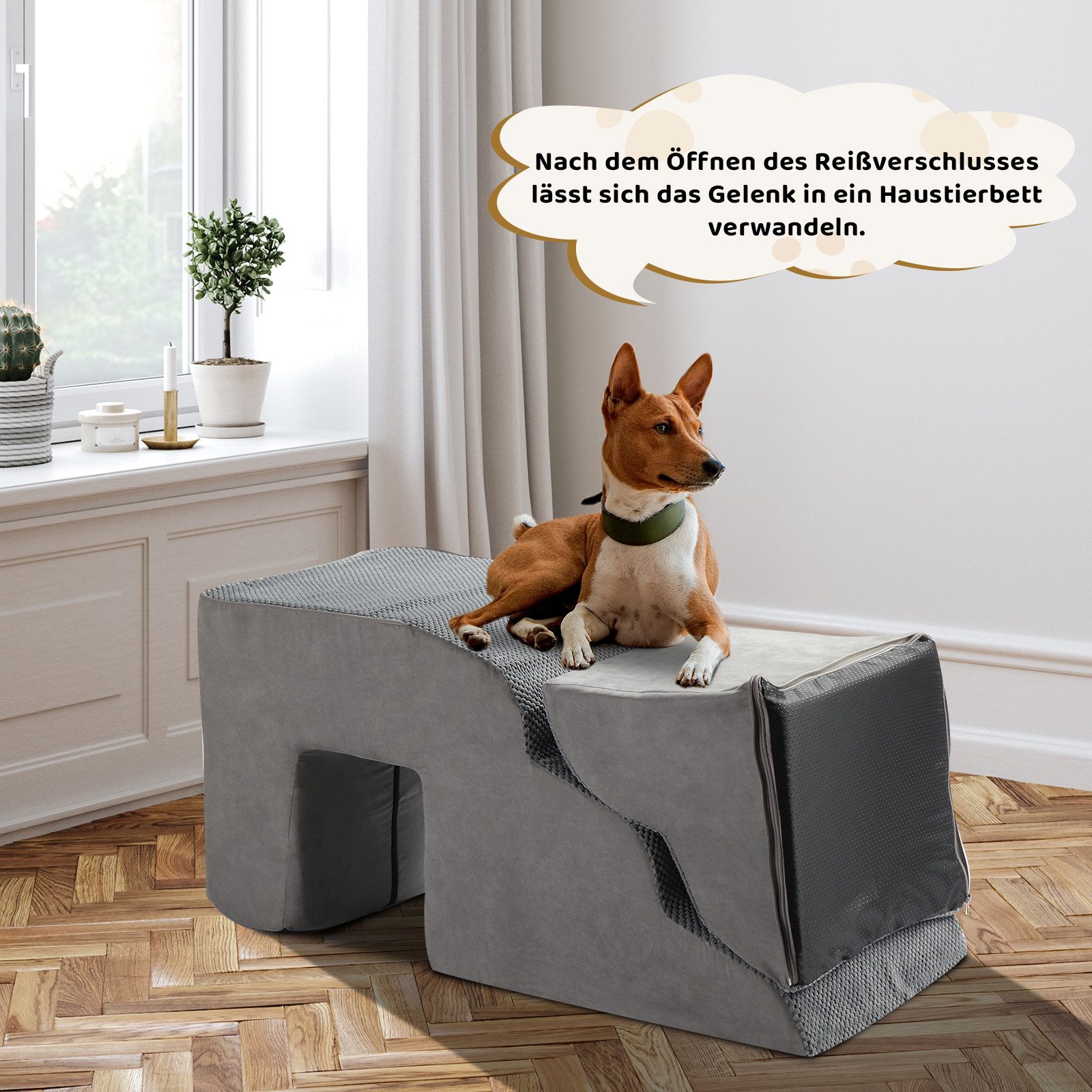 LALAHO Haustiertreppe 5 Stufen mit Katzenhöhle für Kleine, Hunde 74 cm Hoch, Haustiertreppe mit Abnehmbarem Waschbarem Bezu