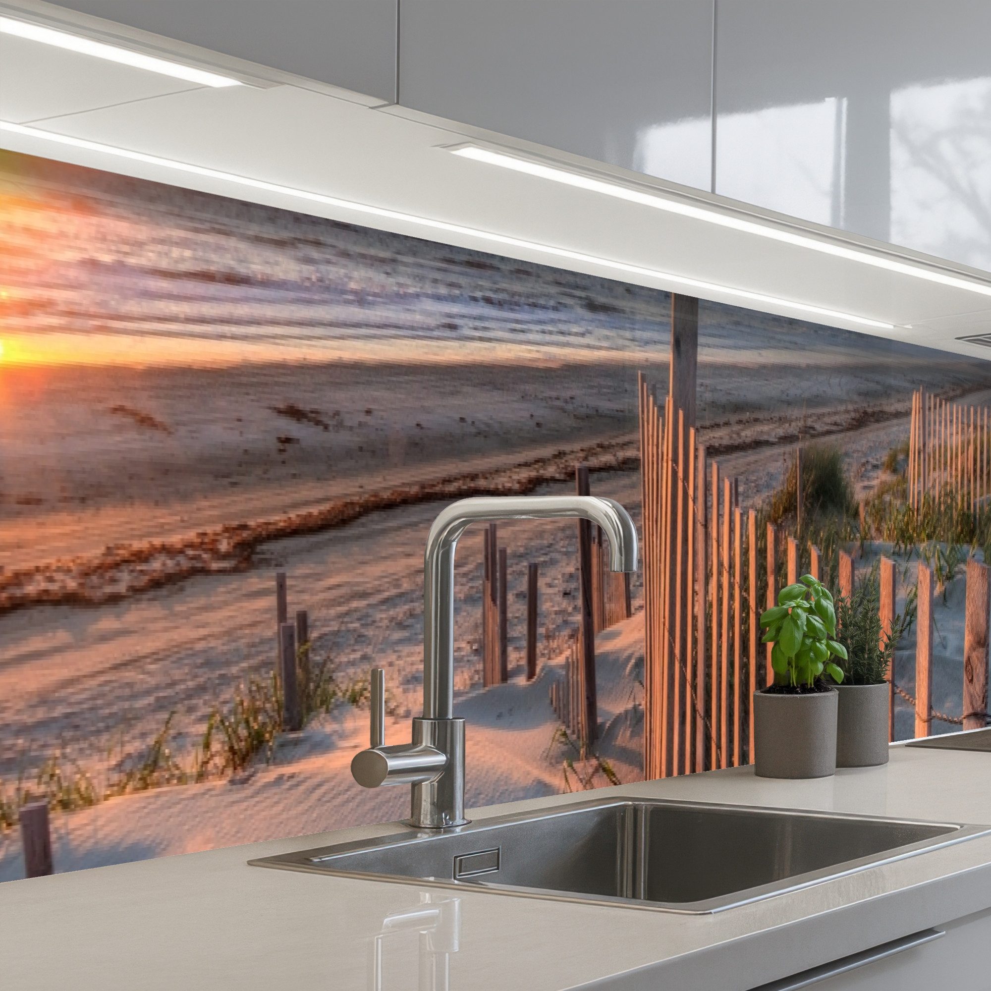 KitchenYeah Küchenrückwand selbstklebend Strand - Meer - Düne - Sonnenuntergang - Landschaft, (1-tlg), Spritzschutz, Küche, Rückwand, Küchenwand, Backsplash, 400x60 cm