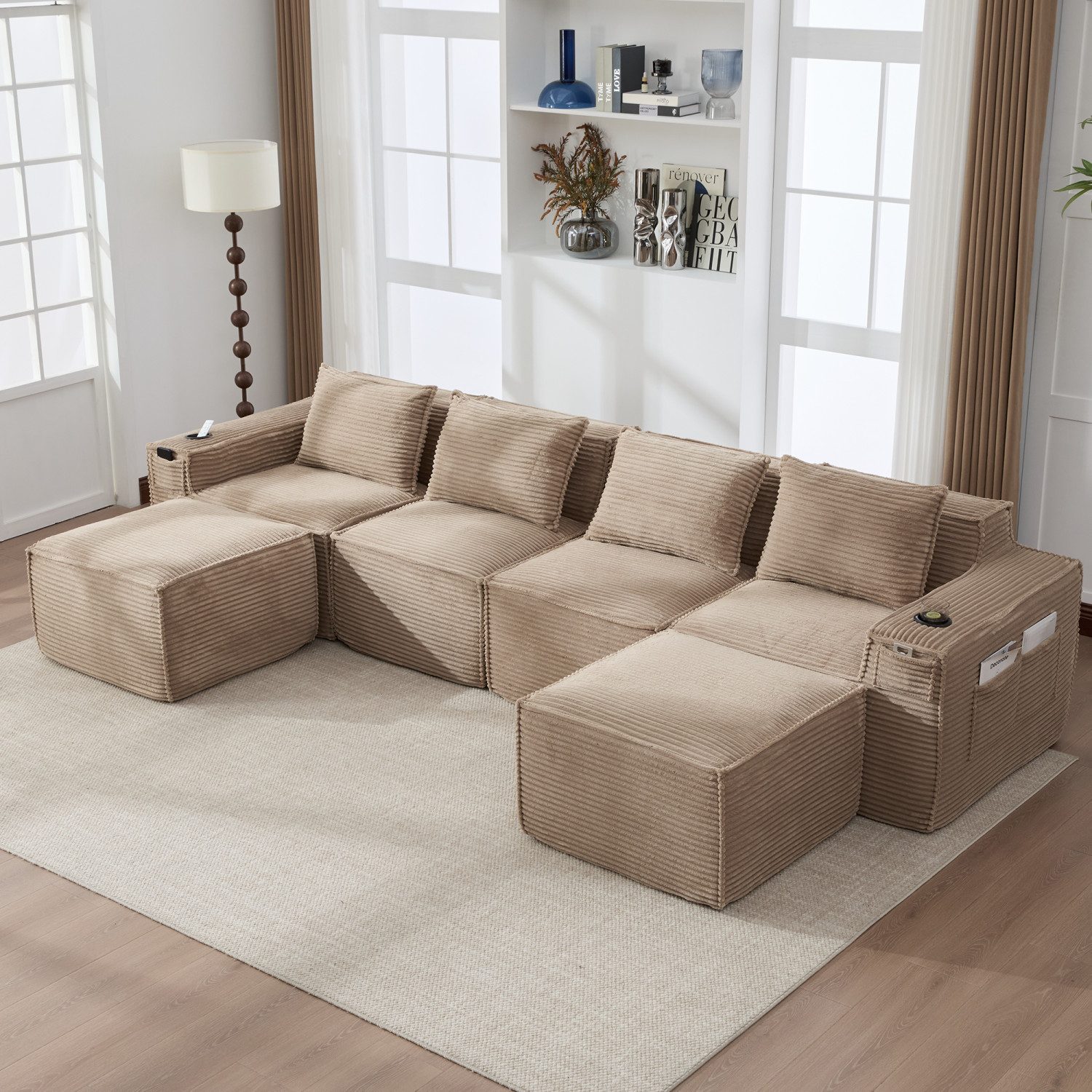 ANYSUN Sofa Modulares Schlafsofa Polstersofa Ecksofa,2-Sitzer & 4-Sitzer-Cordsofa, Cord-Schlafsofa,Federkern und hochdichter Schaumstoff,mit Getränkehaltern, 2-Sitzer&4-Sitzer-Cordsofa mit 2 Hockern,für Wohnzimmer und Apartments