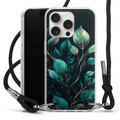 DeinDesign Handyhülle Eukalyptus Blätter schwarz Eucalyptus Dark Background, Apple iPhone 15 Pro Handykette Hülle mit Band Case zum Umhängen