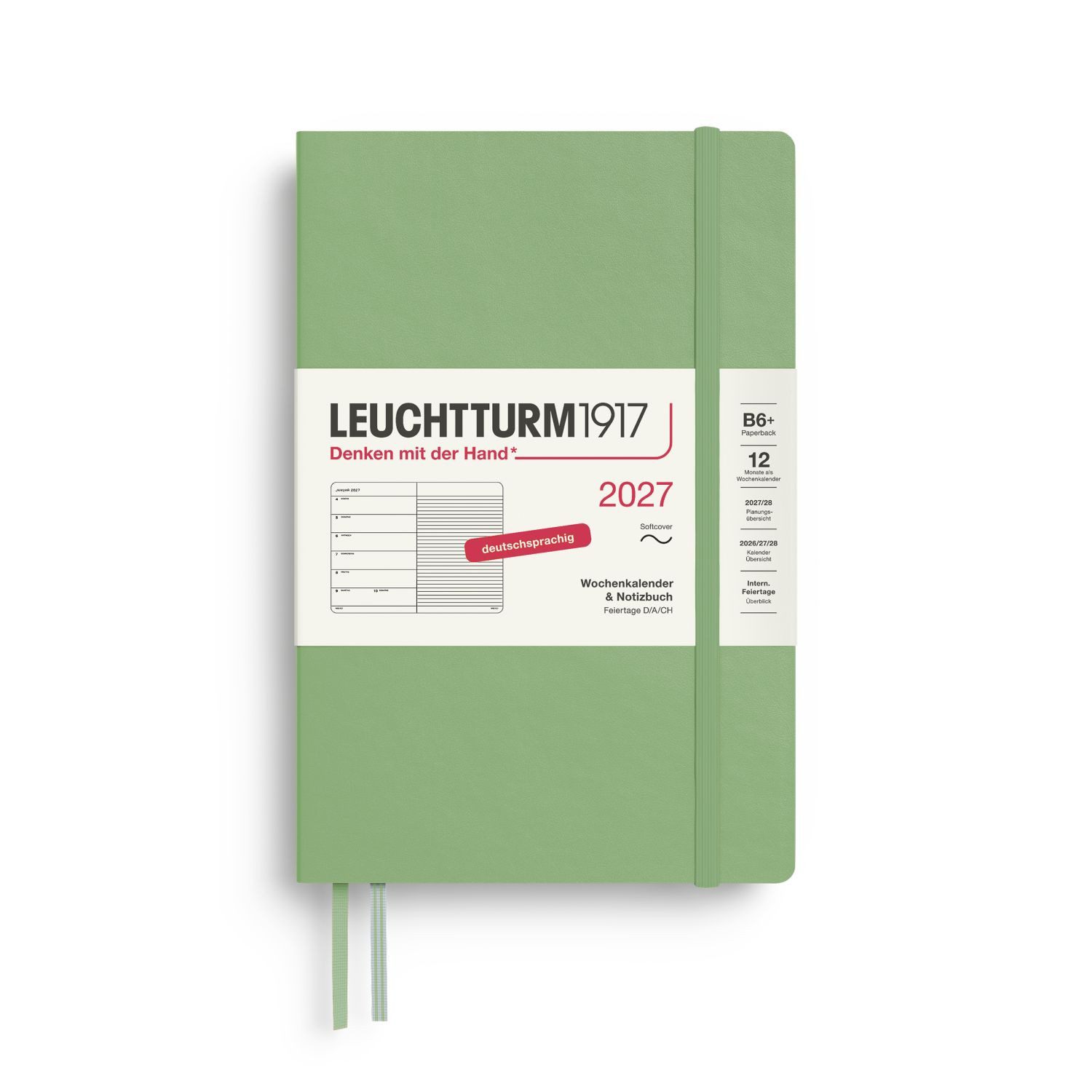 Leuchtturm1917 Taschenkalender Wochenkalender 2027 & Notizbuch Paperback B6+ Softcover Salbei