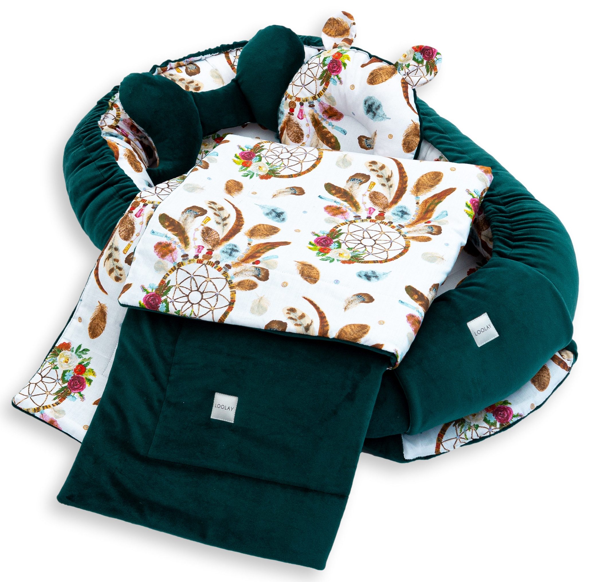 Loolay Kuschelnest BABYNEST 5 TLG. Set PREMIUM Babyausstattung Baumwolle & Samt Velours, (MUSTER: GRÜN Samt Velour/ Traumfänger BOHO, 5-tlg., Liebevoll handgefertigt Nestchen! Geborgenheit Komfort für Neugeborene), Premium Ausstattung - 100% Europäische Stoffe und Kleinserien-Nähen!