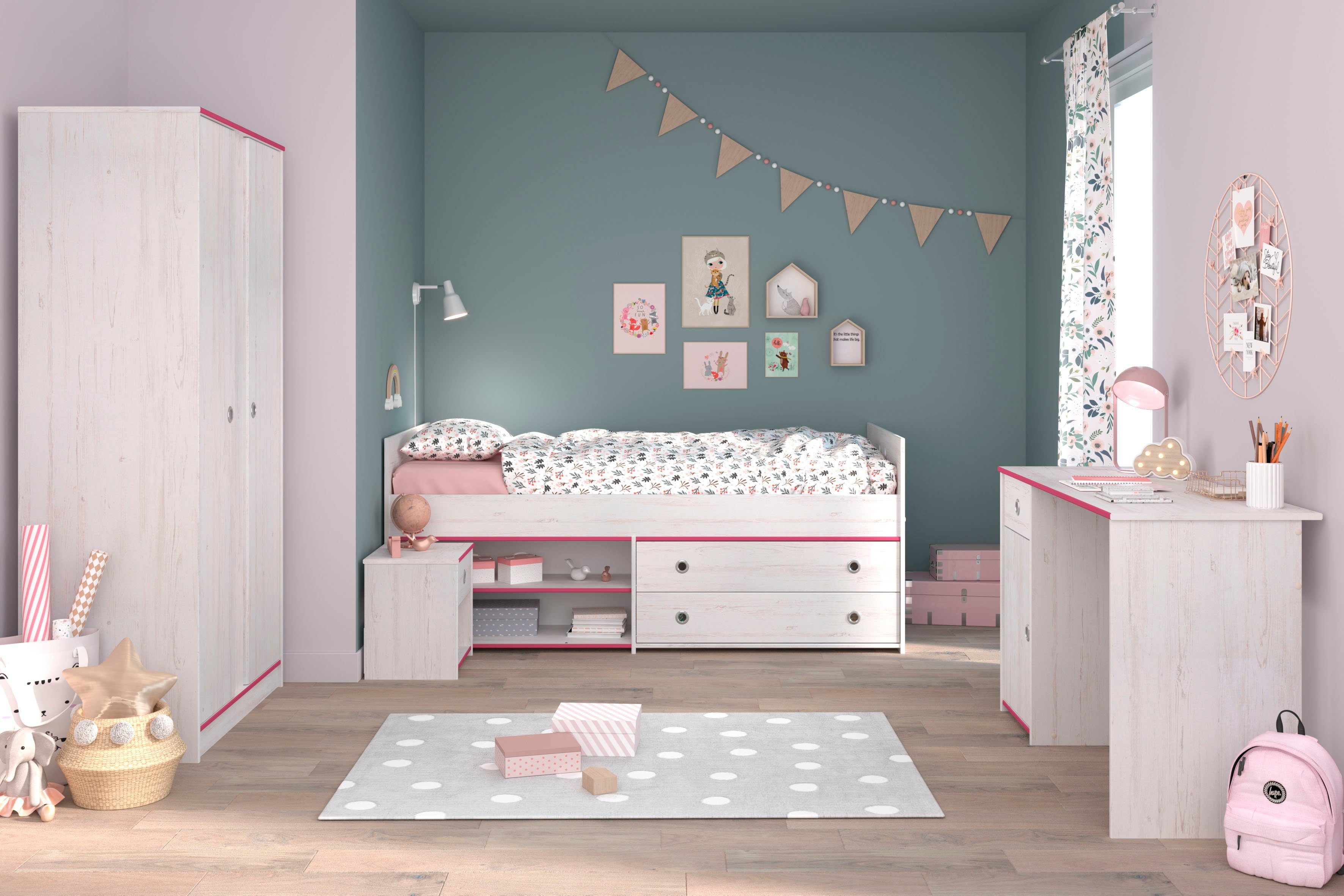 Parisot Jugendzimmer-Set Smoozy, (4-tlg., Stauraumbett,Nachttisch, Kleiderschrank und Schreibtisch)