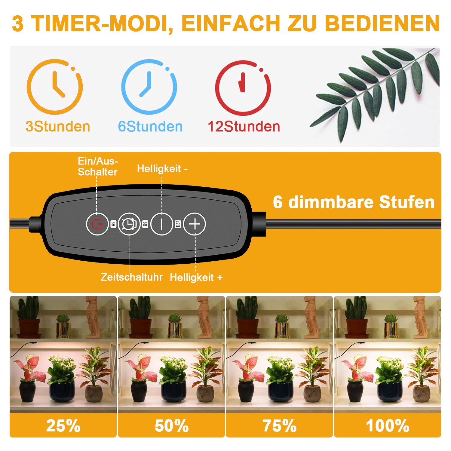 MUPOO Pflanzenlampe Vollspektrum LED-Pflanzenleuchte,Dimmbar Grow Light,Timer,ohne Bohren, Sonnenlicht, LED fest integriert, Einfach Montage für Zimmerpflanzen,Gemüse & Hydrokultur