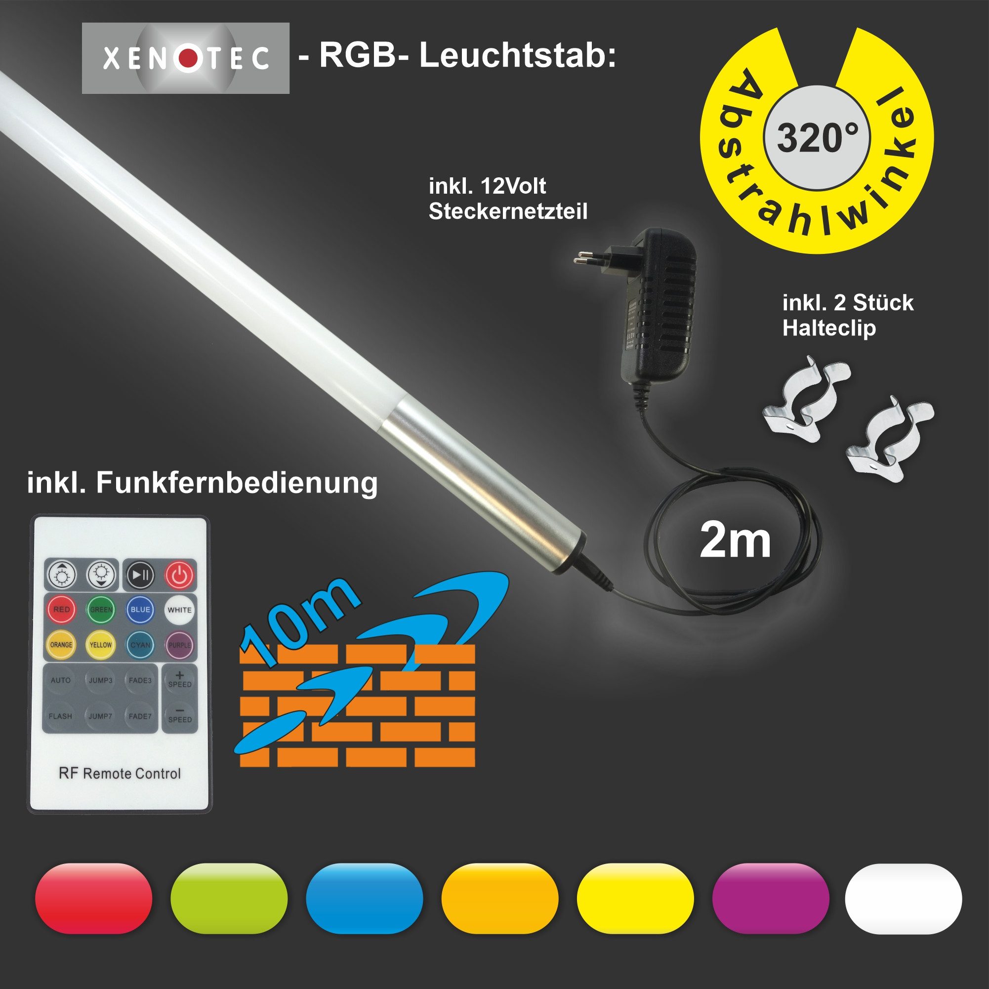 Xenotec LED Dekolicht Xenotec Premium Leuchtstab Led – RGB oder Weiß – Helles Licht – 12V, LED Leuchtstab mit Fernbedienung, LED fest integriert, RGB oder kaltweiß oder neutralweiß oder warmweiß je nach Auswahl, LED Leuchtstab vielseitig einsetzbar