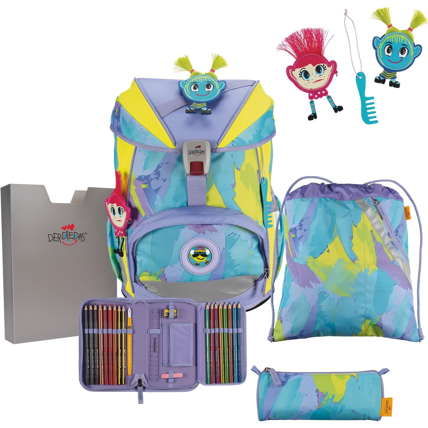 DerDieDas® Schulranzen Ergoflex Schulrucksack Set 5-tlg. Hippie Hair