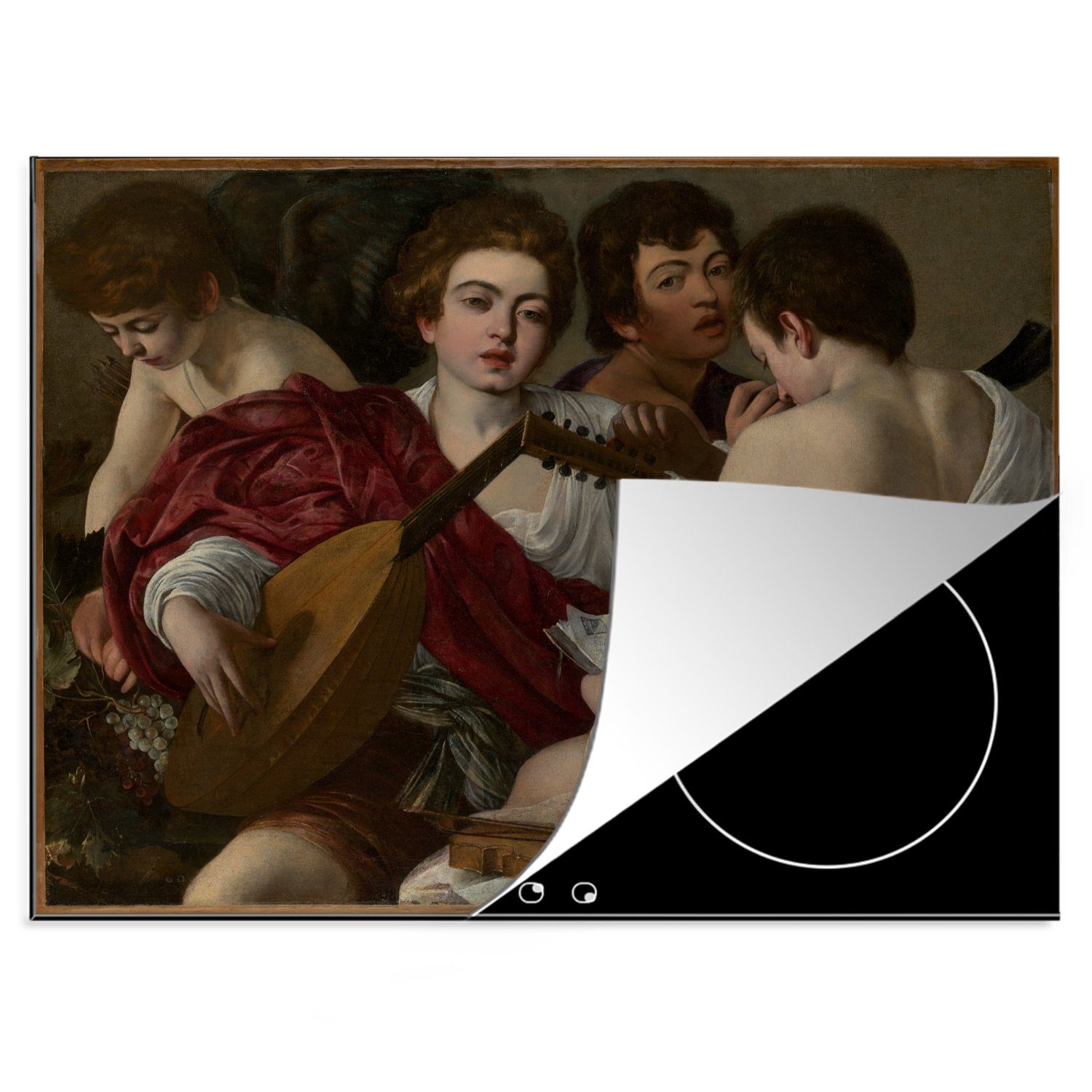 MuchoWow Herdblende-/Abdeckplatte Die Musiker - ein Gemälde von Caravaggio, Vinyl, (1 tlg), 70x52 cm, Mobile Arbeitsfläche nutzbar, Ceranfeldabdeckung