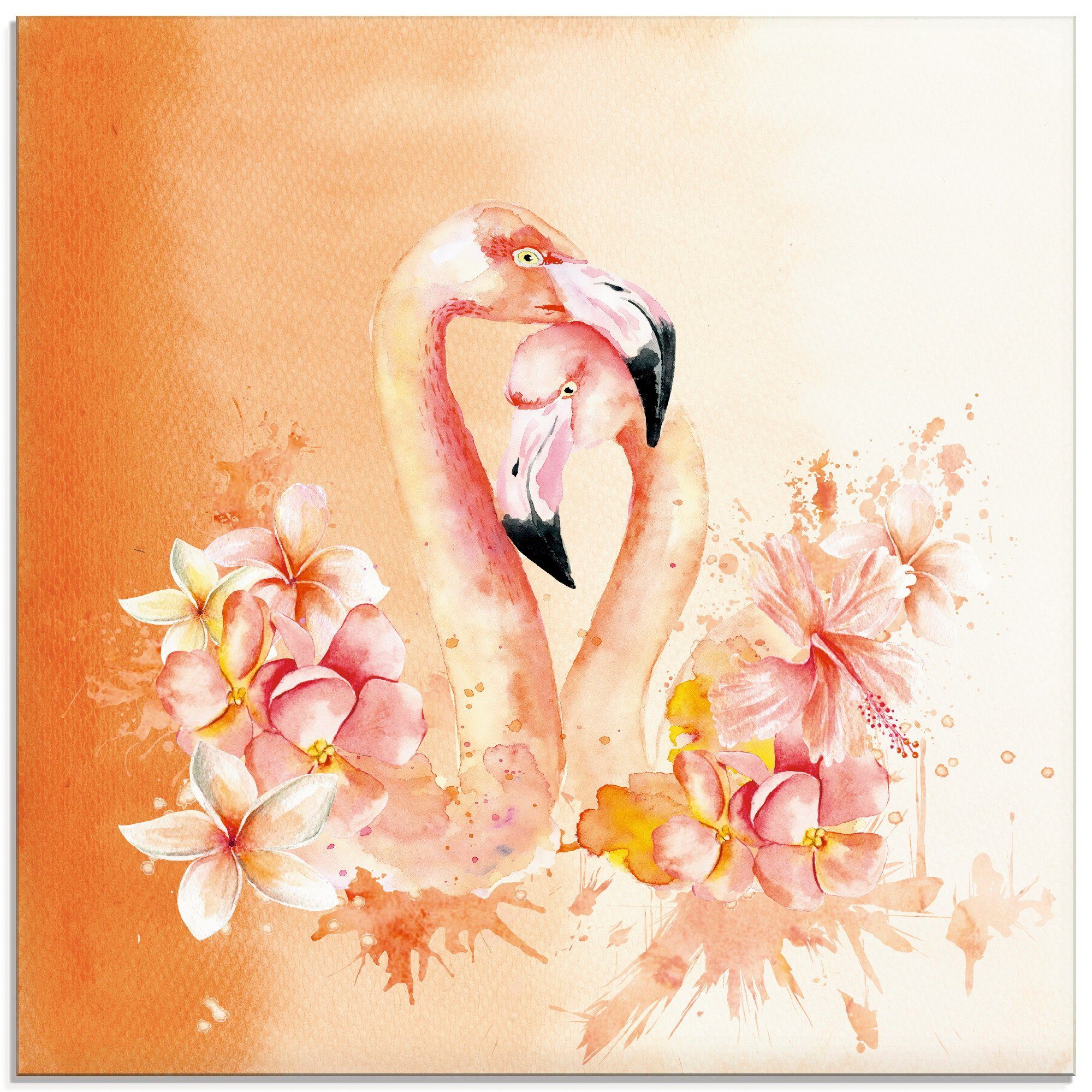 Artland Glasbild Orange Flamingo in Love- Illustration, Vögel (1 St), in verschiedenen Größen