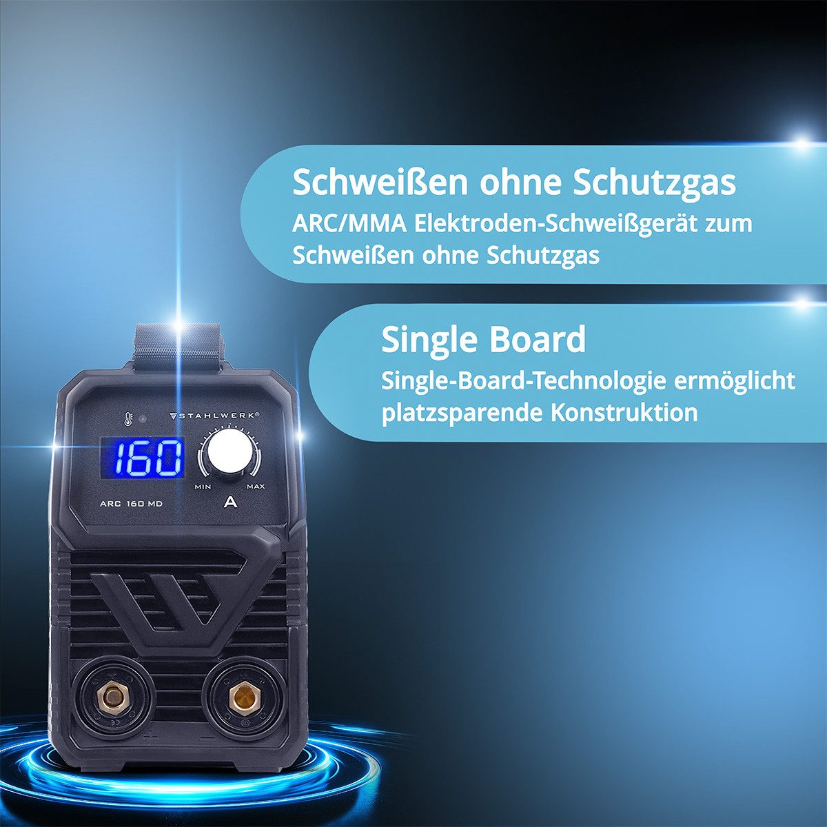 STAHLWERK Inverterschweißgerät Elektroden-Schweißgerät ARC 160 MD- DC Vollausstattung Gerätewagen, 30 - 160 A, Packung}, 6-tlg., Vollausstattung, Lift-TIG Inverter mit 160 Ampere, IGBT Technologie und Single-Board