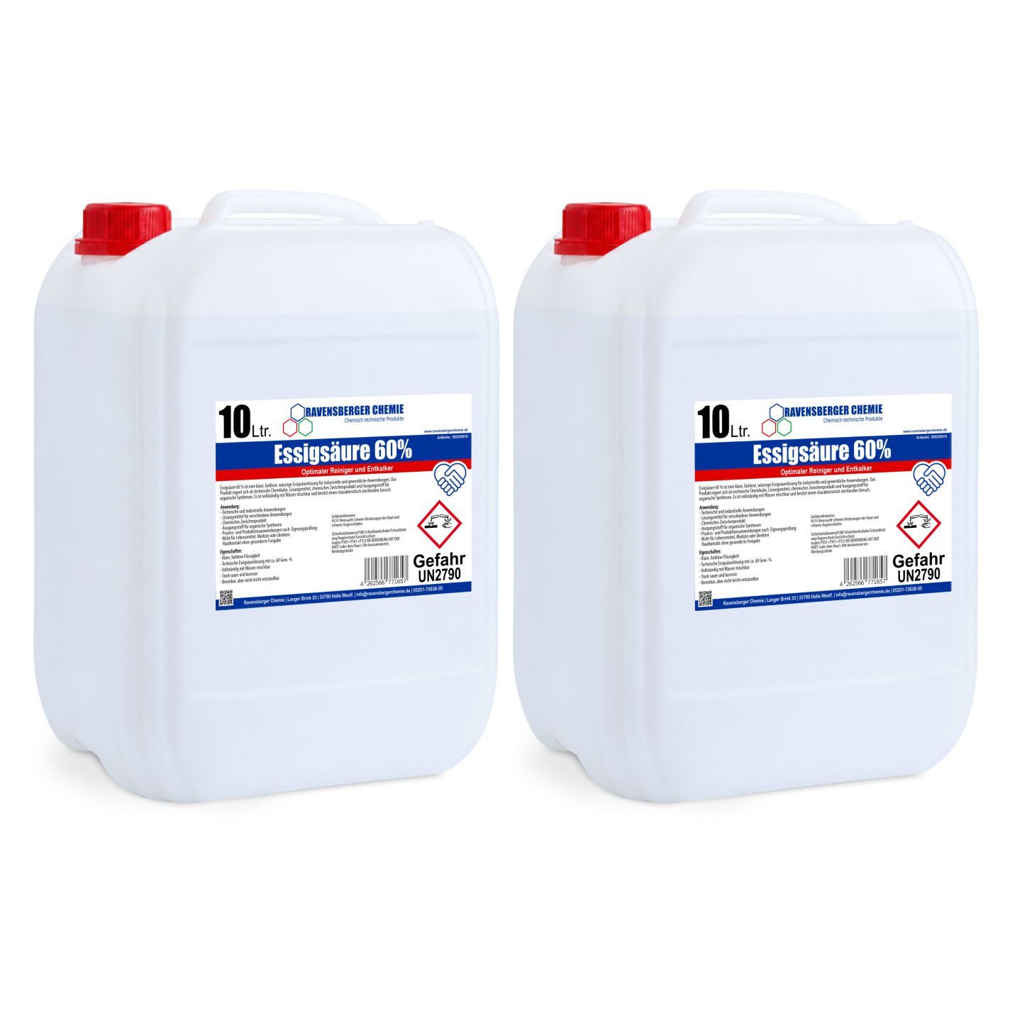 Ravensberger Chemie Essigsäure 60% - für Haushalt, Garten & Industrie Essigreiniger (2-St. 10L Essigsäure 60 % – Konzentrierter Reiniger und Entkalker)