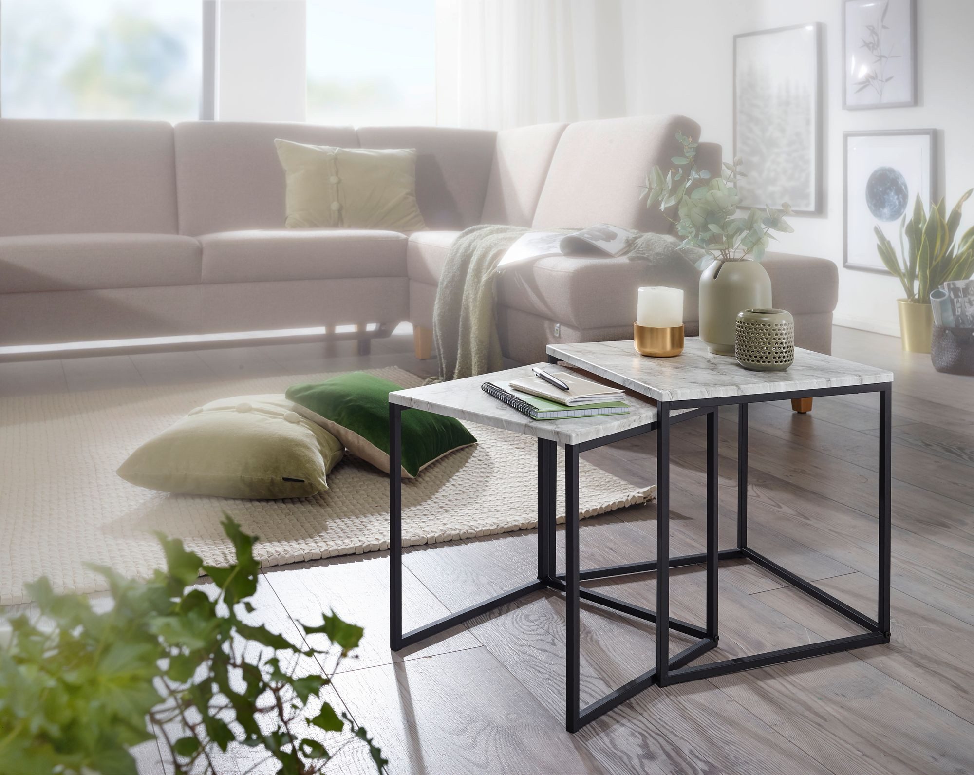 Wohnling Beistelltisch WL5.983 2er Couchtisch Set Marmor Optik Weiß Wohnzimmertisch (2er Set Marmor Optik Weiß, Sofatisch Quadratisch), Design Wohnzimmertisch, Couchtisch 2-teilig