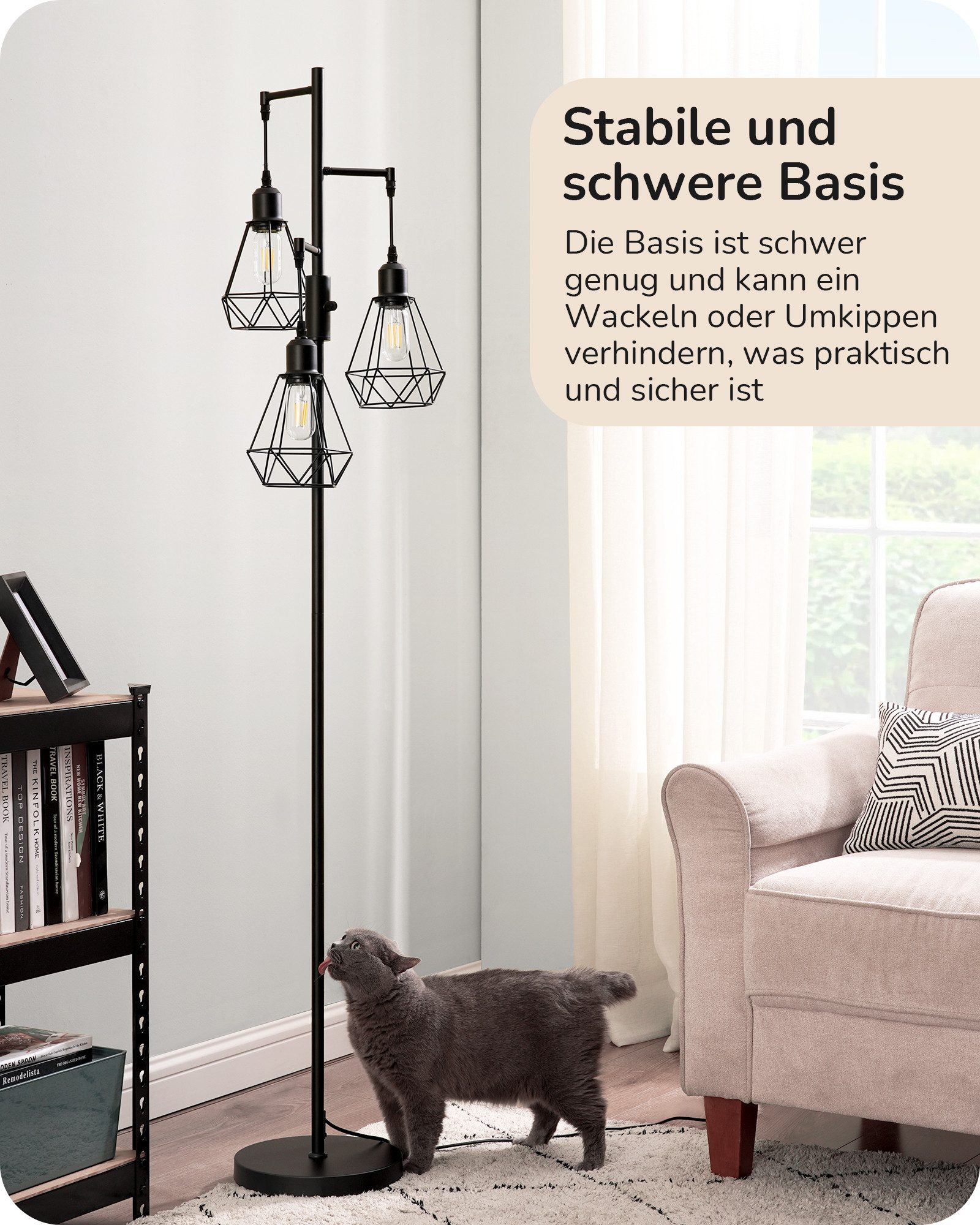EDISHINE Stehlampe Wohnzimmer Dimmbar, 3-flammige Stehleuchte Industrial, LED wechselbar, Warmweiß, 3 Käfig Lampenschirm aus Metall