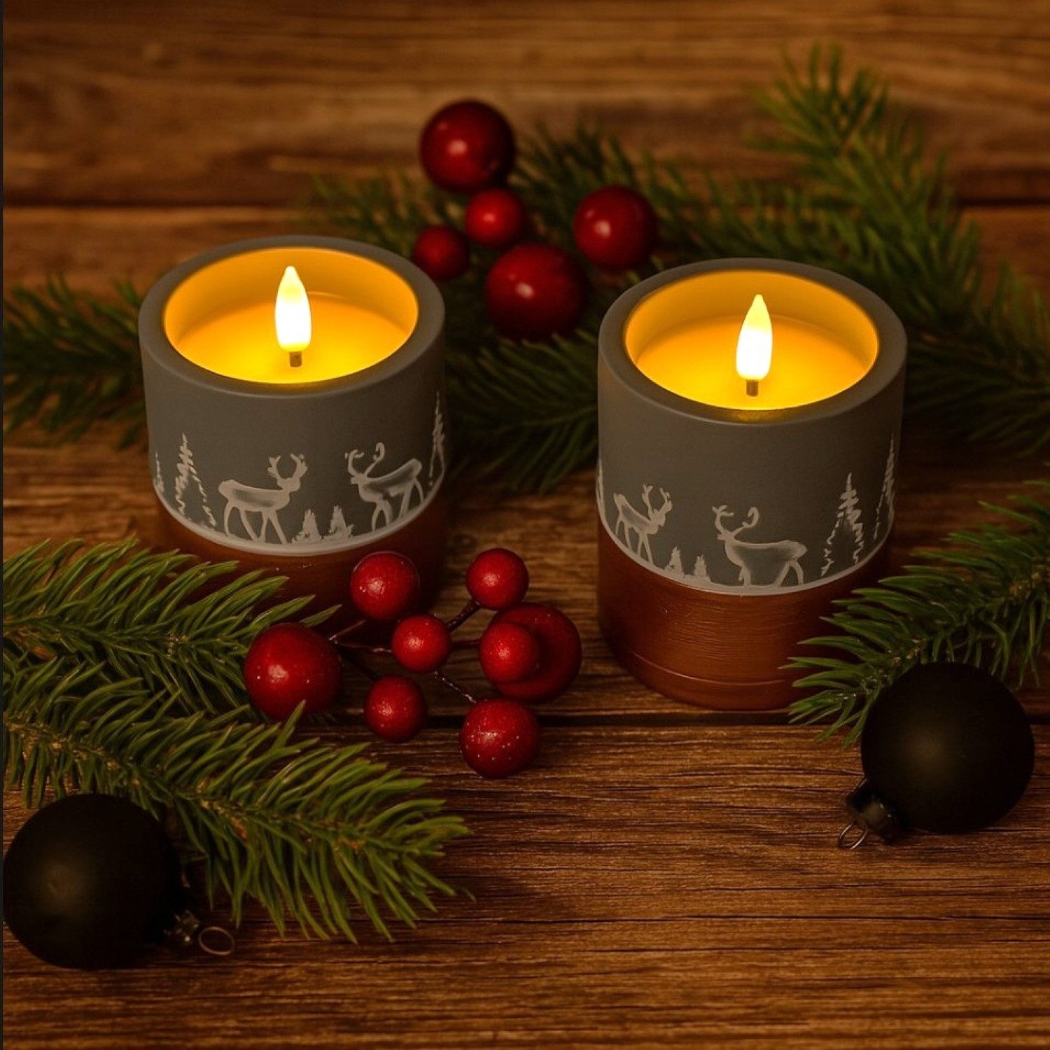 Online-Fuchs LED-Kerze - 2 LED-Kerzen aus Beton mit Waldszene & Timer - Wei günstig online kaufen