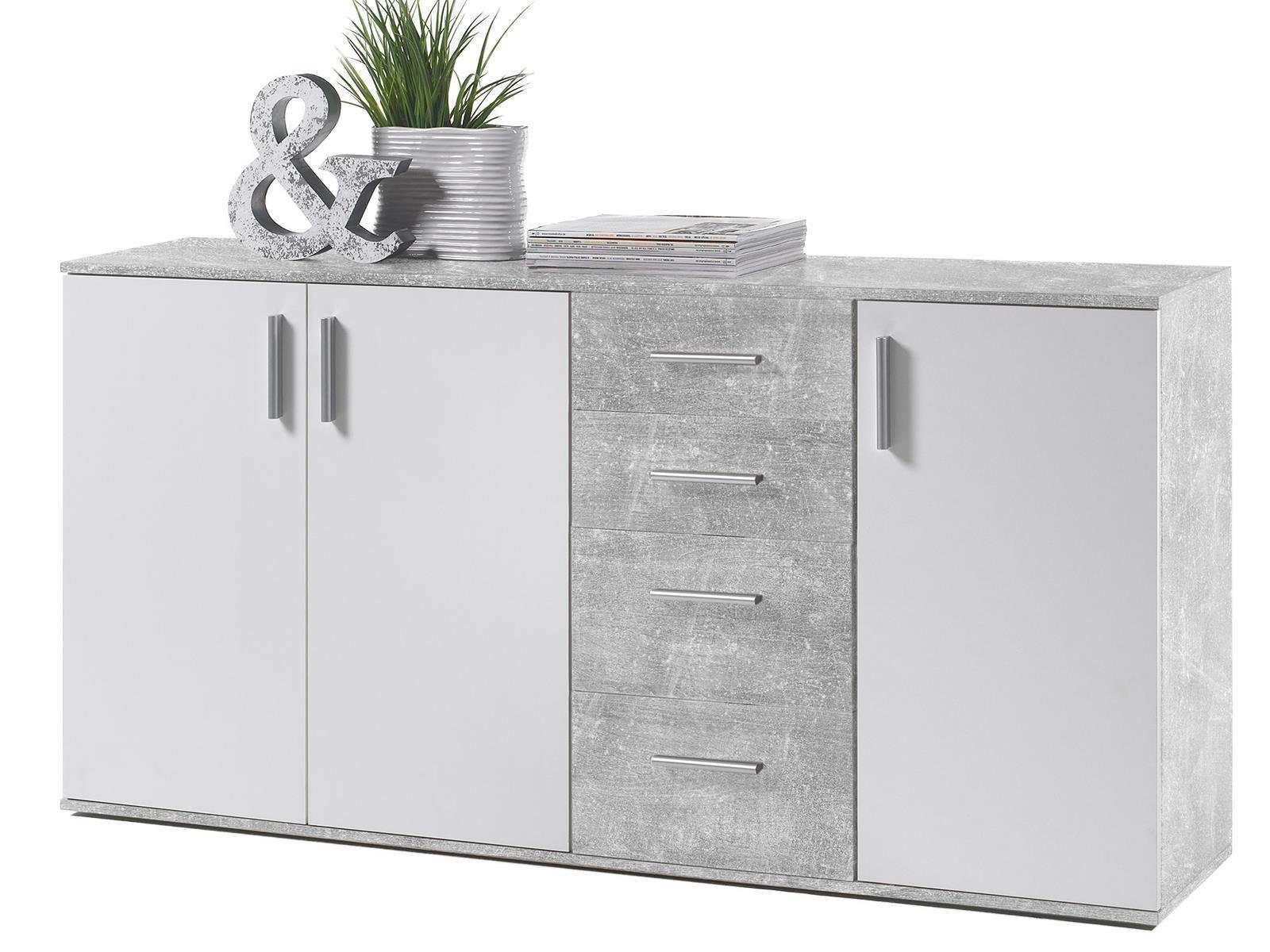 Bega Consult Kommode aus Spanplatte, in Beton / Weiß, mit 3 Türen, 2 Schubkästen (B/H/T 160 x 82 x 35 cm)