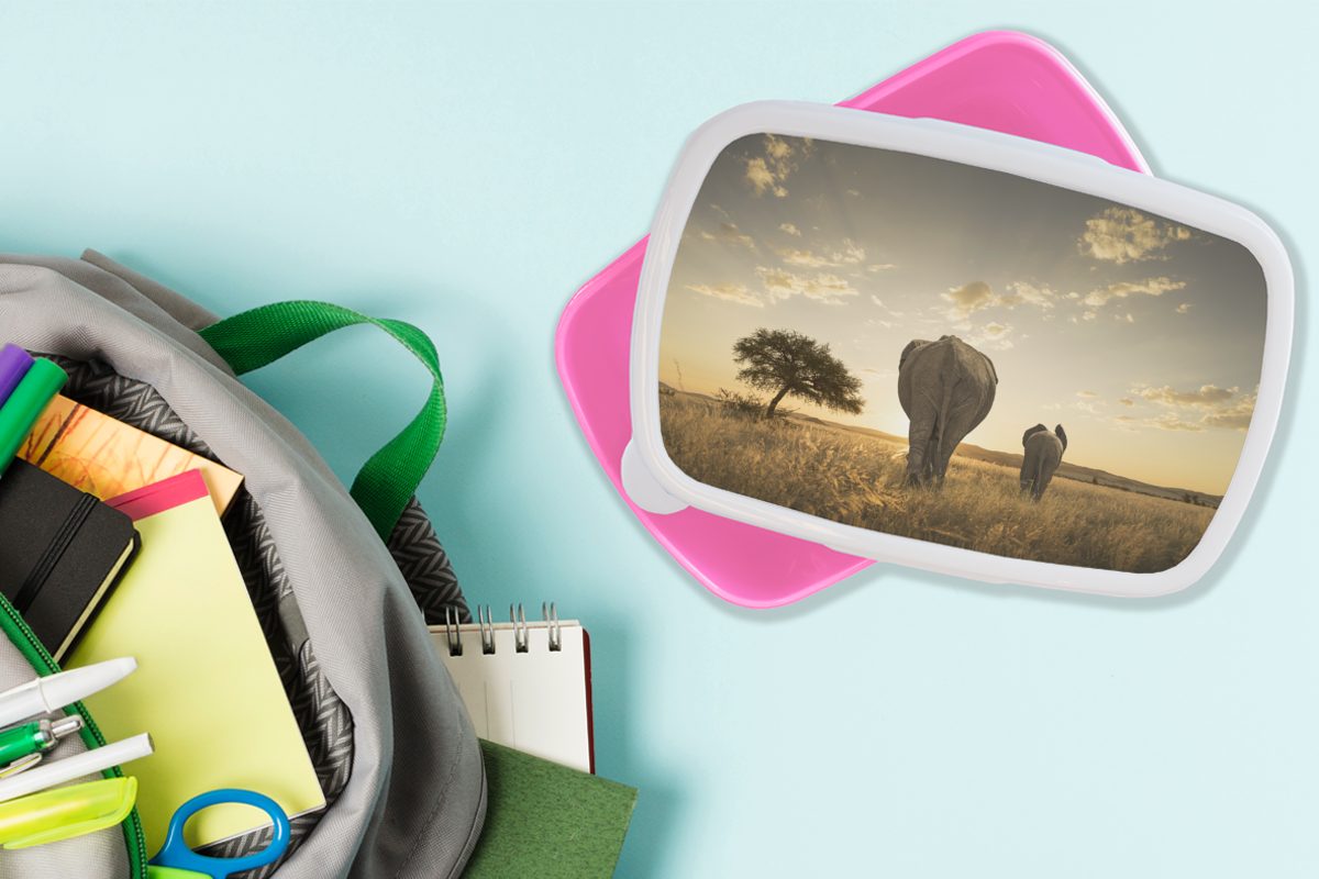 MuchoWow Lunchbox Elefant - Safari Kunststoff, - für rosa Snackbox, Erwachsene, Kunststoff Mädchen, Brotdose (2-tlg), Sonnenuntergang, Kinder, Brotbox
