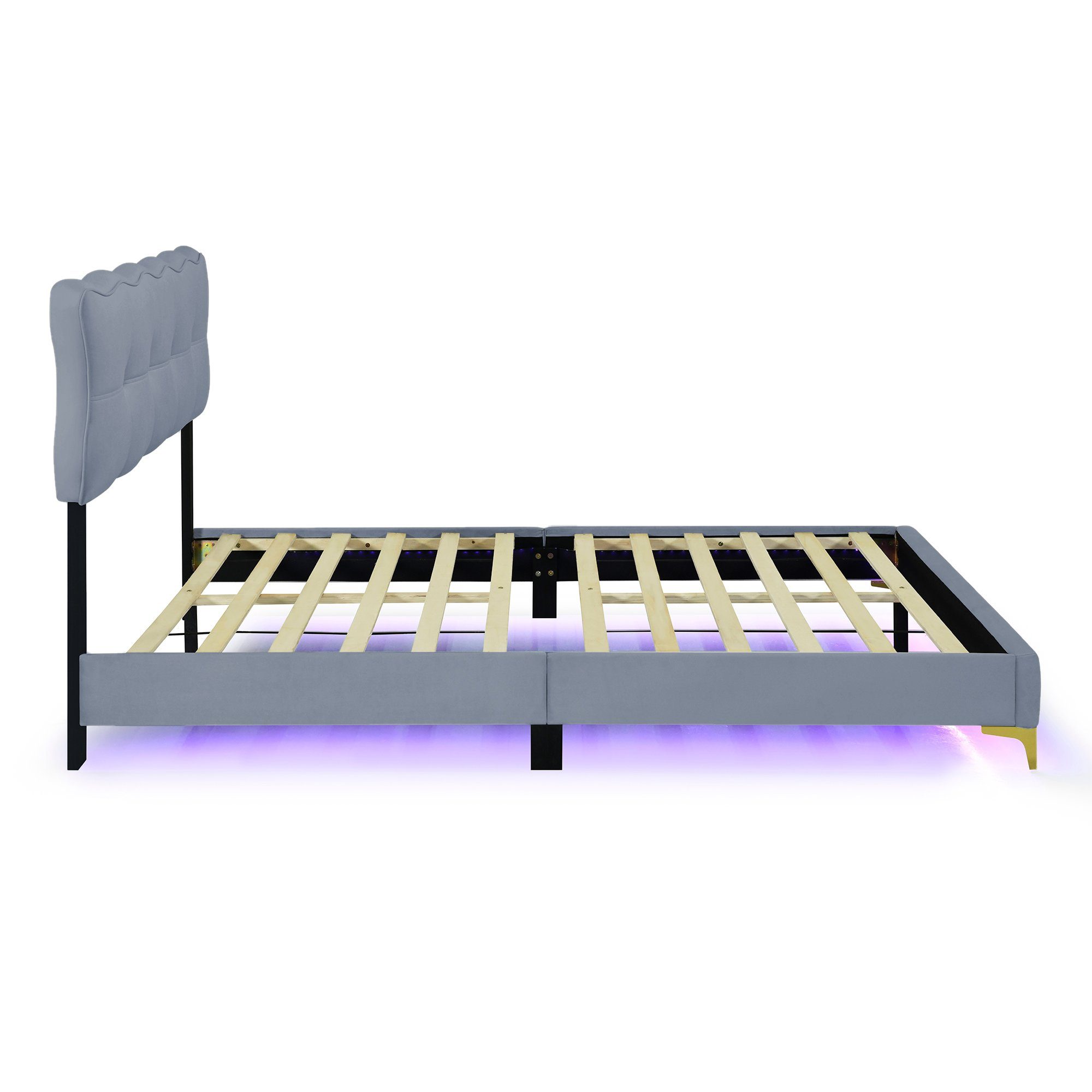 Polsterbett, LED Doppelbett mit gepolstertem Kopf- & Fußteil, Samtstoff, 140x200cm