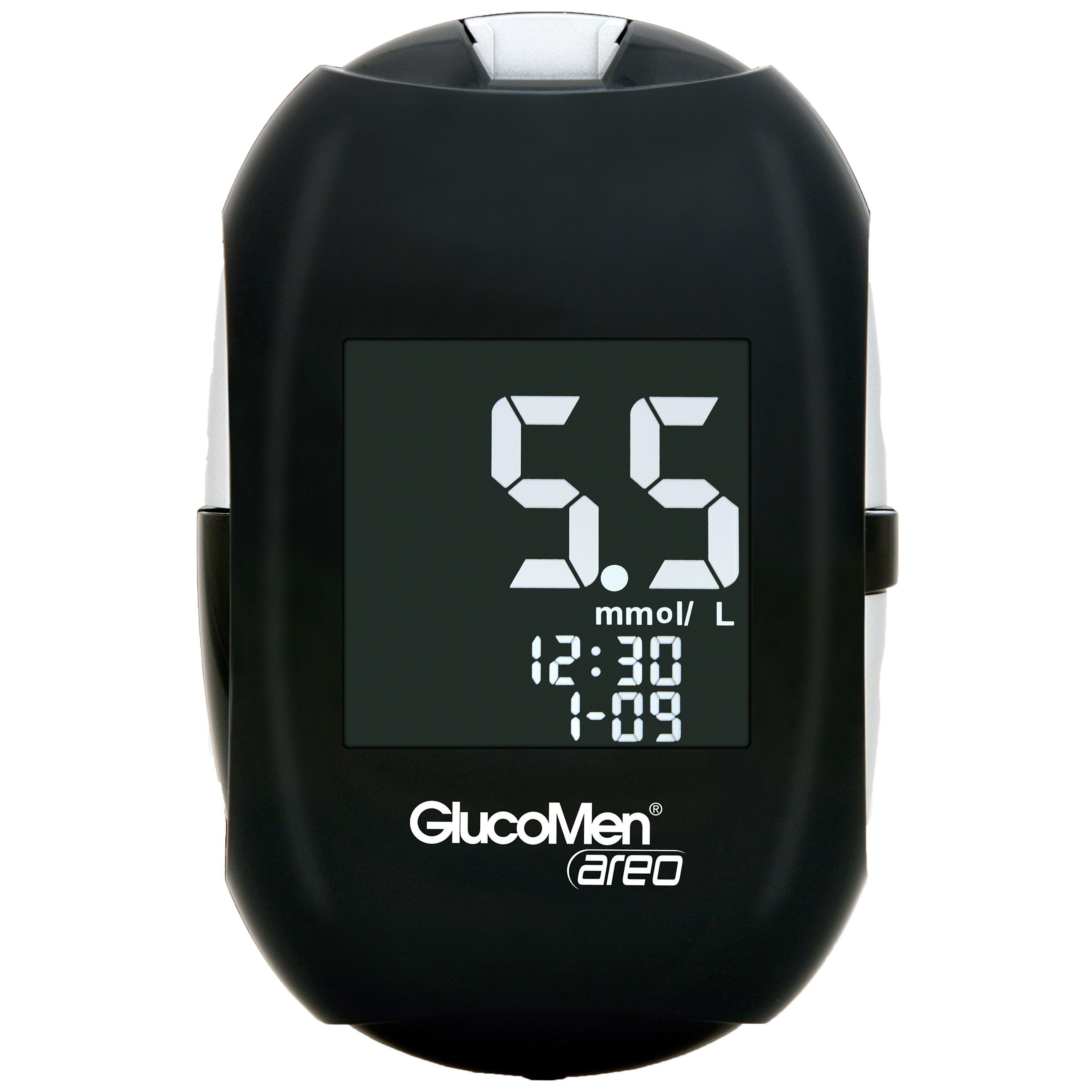 GlucoMen Blutzuckermessgerät areo Blutzucker mmol/l oder mg/dl, Spar-Set, Diabetestherapie Überwachung, Temperaturkompensation, Autocodierung, 700 Speicherplätze, Beleuchtetes Display, große Ziffern