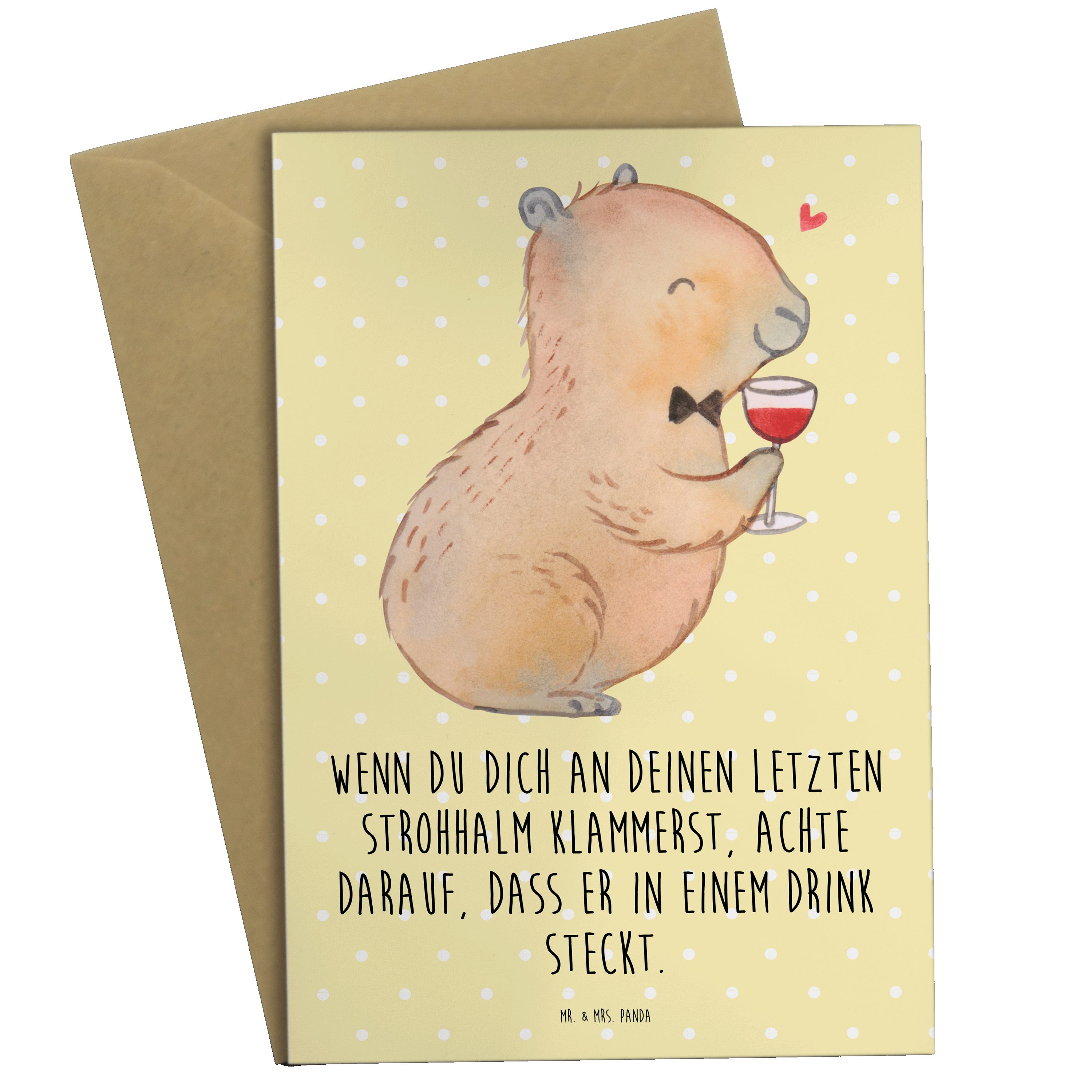 Mr. & Mrs. Panda Grußkarte Capybara Wein - Gelb Pastell - Geschenk, Geburtstagskarte, lustige Sp