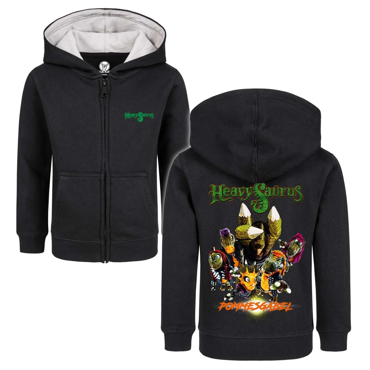 Metal Kids Kapuzensweatjacke mit Heavysaurus (Pommesgabel) Aufdruck für Kinder von 2–14 Jahren