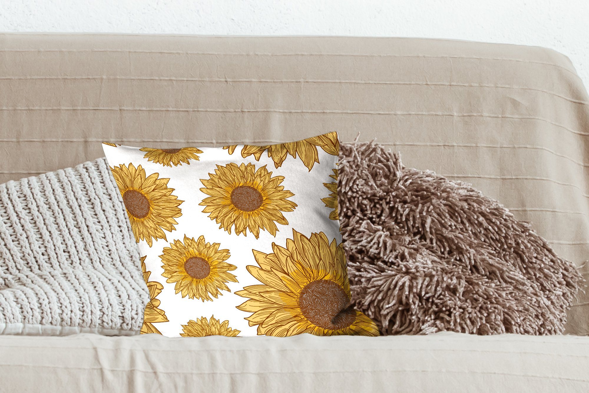 Wohzimmer, Sofakissen mit Dekokissen Muster Illustriertes Schlafzimmer, von für Füllung Deko, Sonnenblumen, Zierkissen MuchoWow