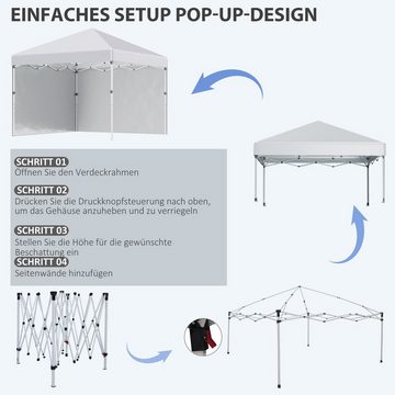 Outsunny Faltpavillon 2,97 x 2,97 m, Pavillon UV-Schutz, mit 2 Seitenteilen, (Campingzelt, Partyzelt), Pop-Up-Zelt für Terrasse, Stahl, Weiß