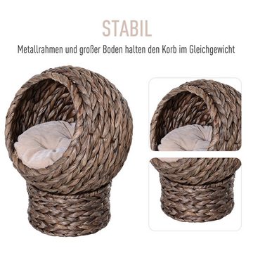 PawHut Tierhaus Rattan Katzenkorb Katzenbett mit Kissen Haustierbett Wasserhyazinthe, 42Bx33Tx52H cm