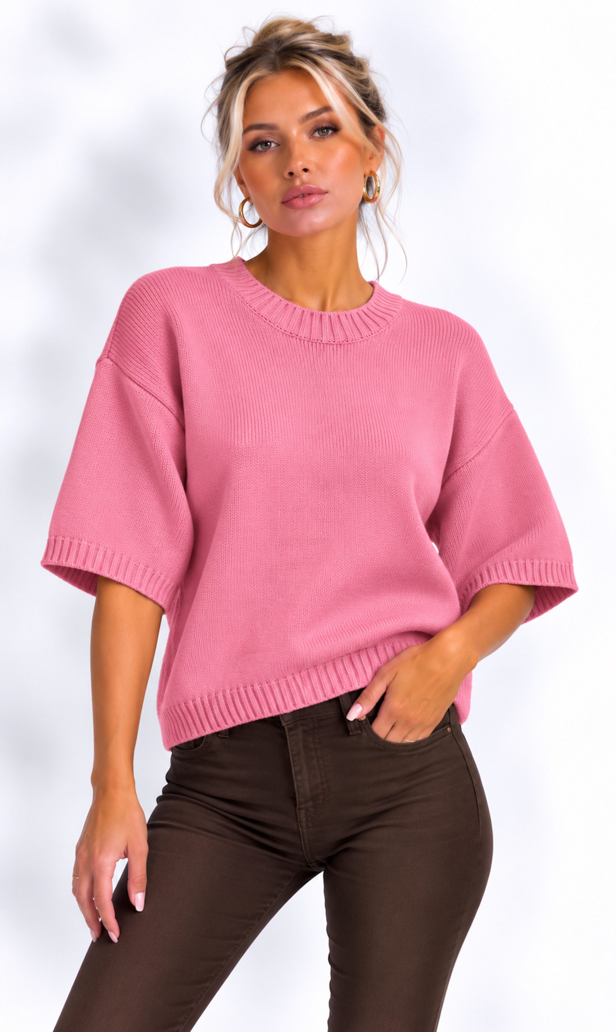 Worldclassca Strickpullover Worldclassca Damen Basic Kurzarm Strickpullover Leicht Rundhals Pulli Neue Kollektion - Stilvolle und gemütliche Strickmode für Damen