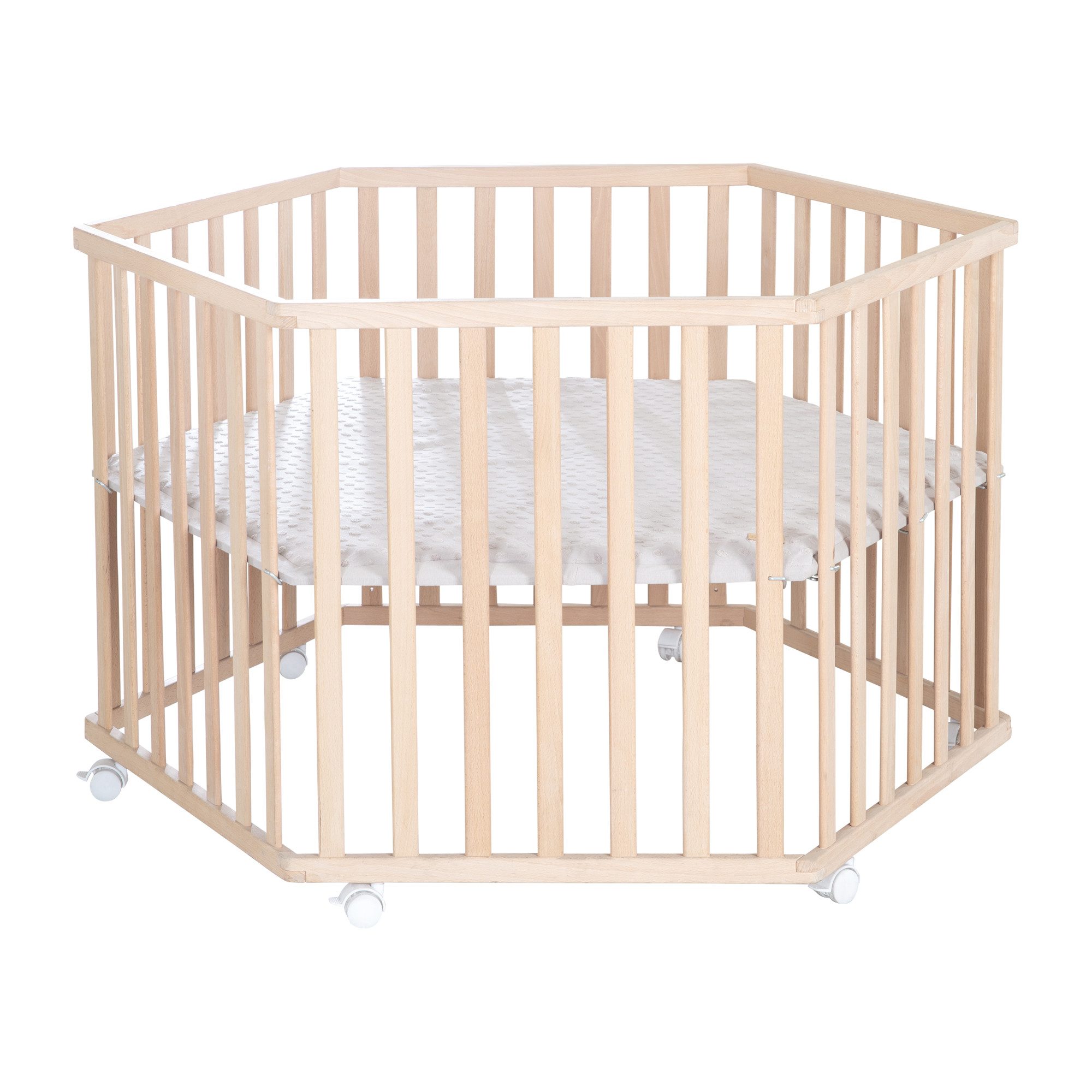 roba® Laufgitter Lil Planet 6-eckig inkl. Schutzeinlage - Spielgitter aus Bio-Buche, Laufstall - 3-fach höhenverstellbar - Massivholz - Bremsrollen - Natur