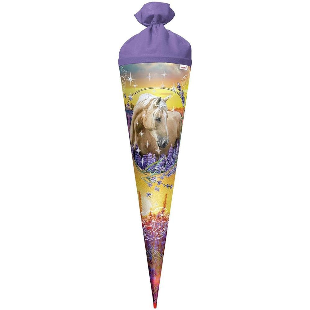 Roth Schultüte Pferdeträume mit Glitter, 70 cm, rund, mit lilafarbigem Filzverschluss, Rot(h)-Spitze