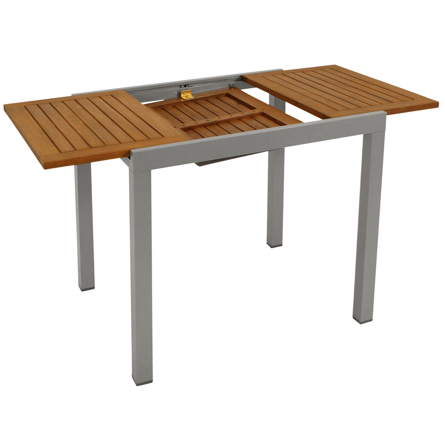 DEGAMO Gartentisch VAIL ausziehbar, 80/120x70cm, Alu silbergrau + Akazie geölt