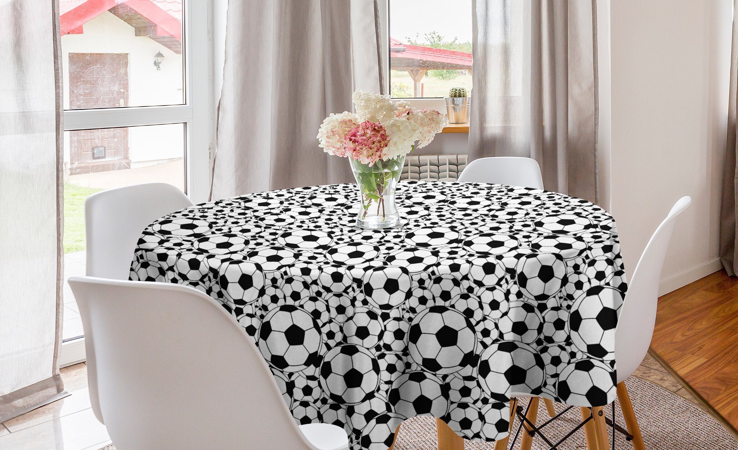 Abakuhaus Tischdecke Kreis Tischdecke Abdeckung für Esszimmer Küche Dekoration, Fußball Monochrome Balls Jungen